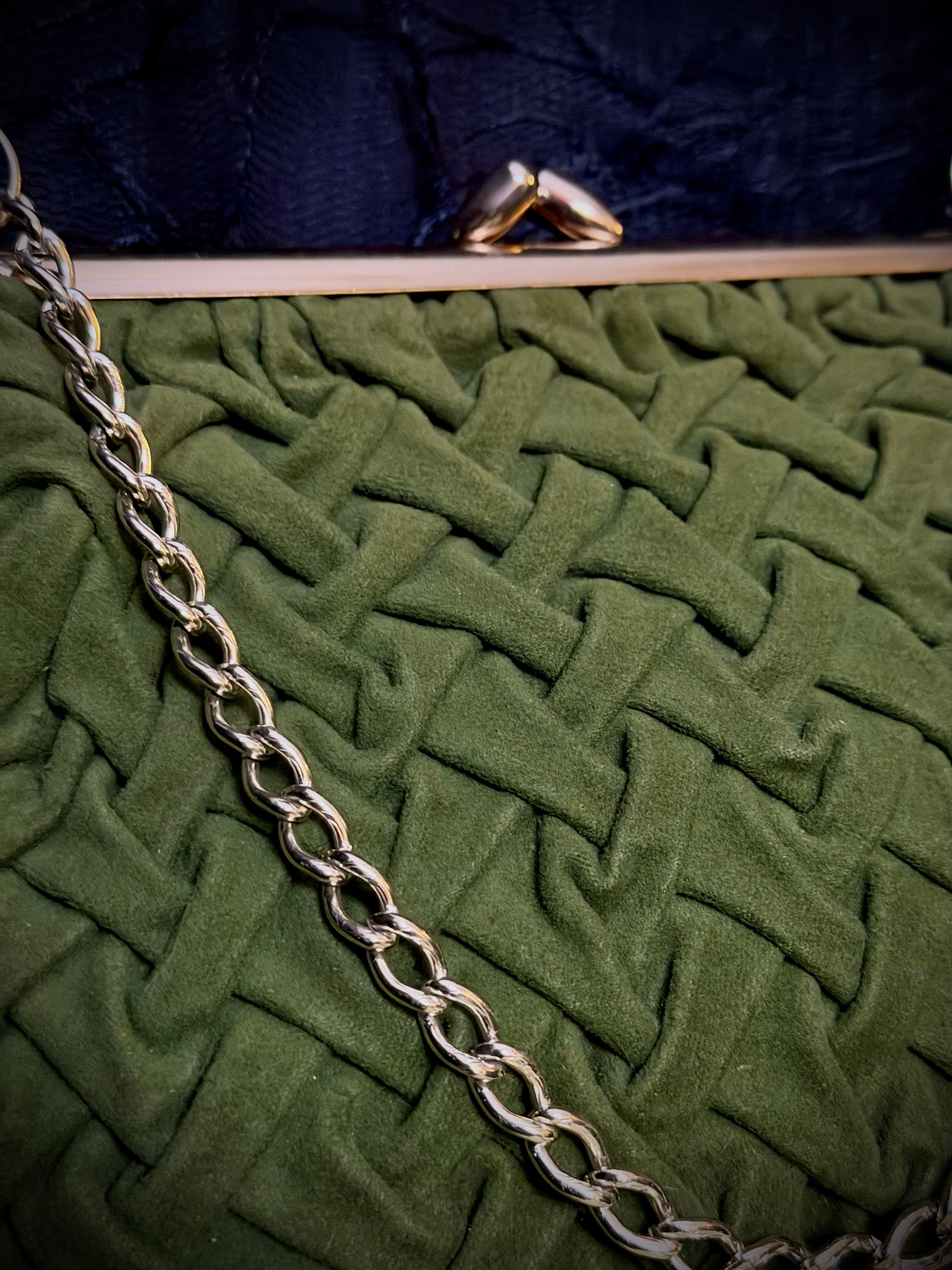 1950s Olive Velvet Evening Bag and Sage Gloves - Mid-Century Cocktail Set