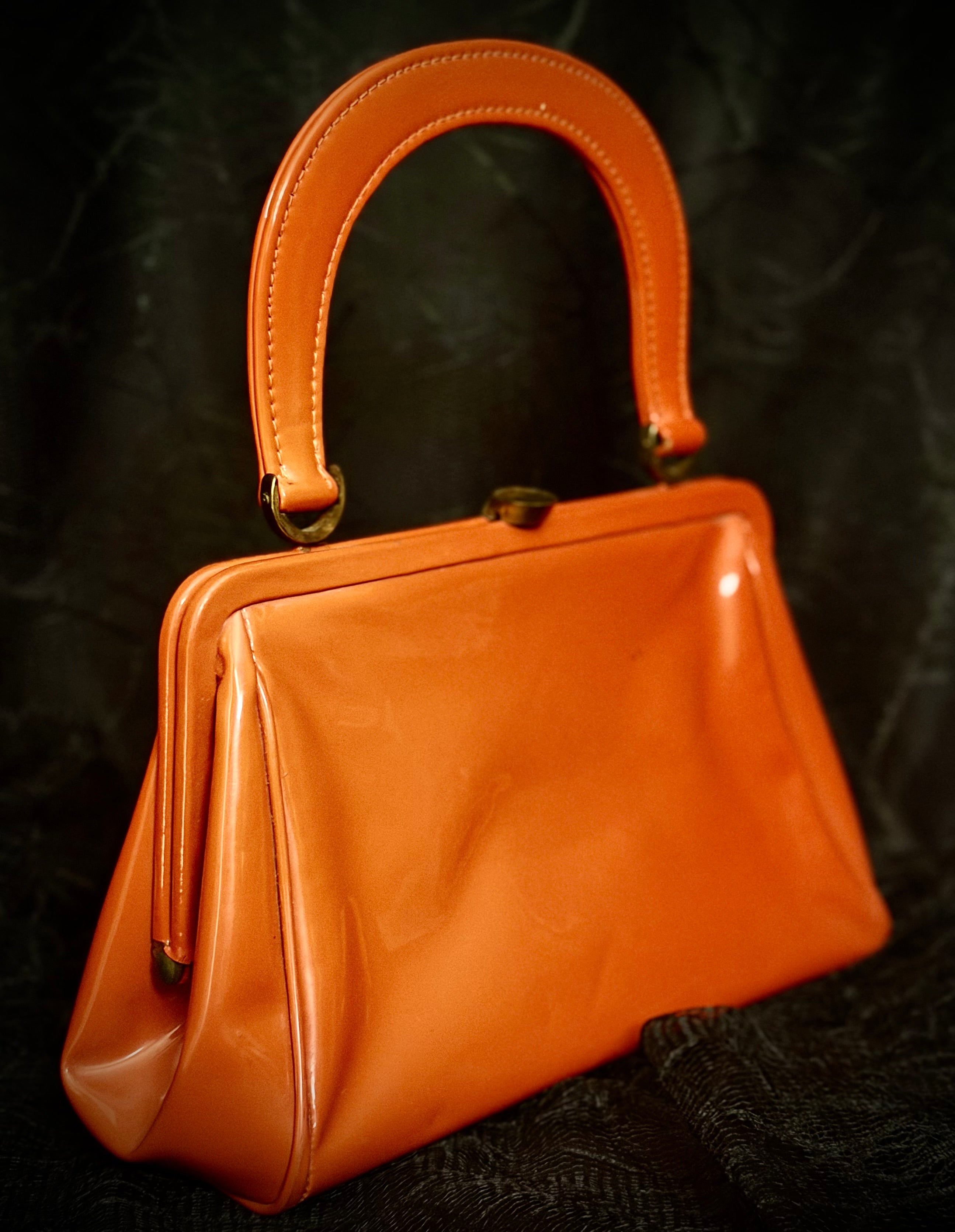 Mid-Century Tangerine Handbag with Original Gloves and Hanky Set