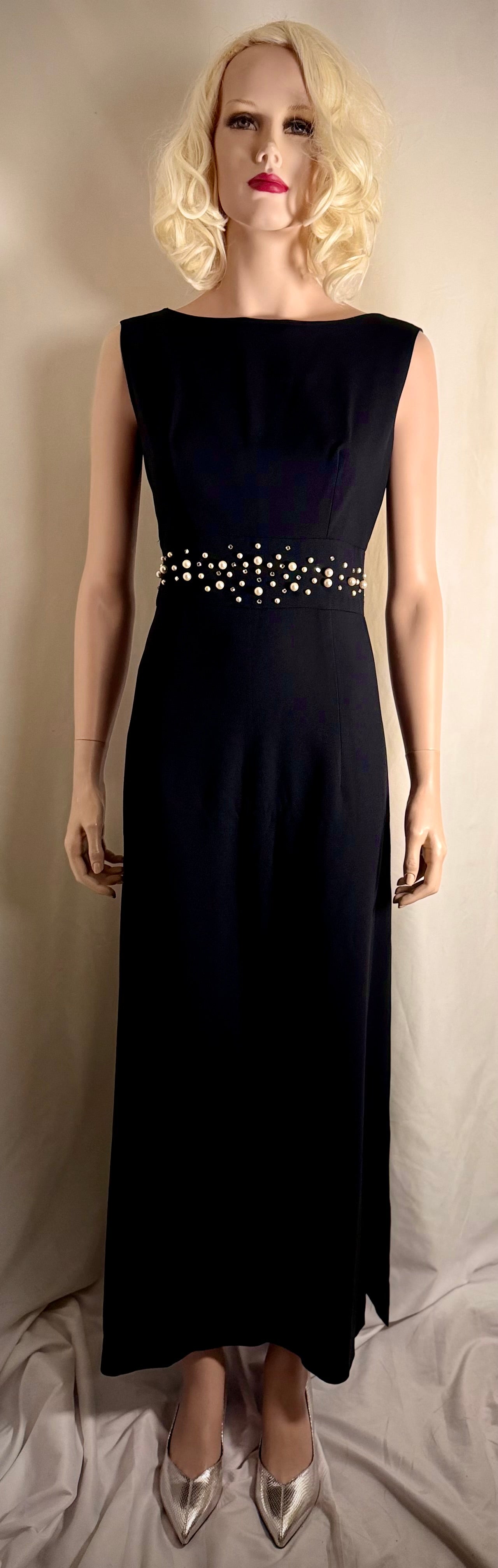 1960s Hershelle Model Mayfair London Black Evening Gown, Pearl & Diamante Detail