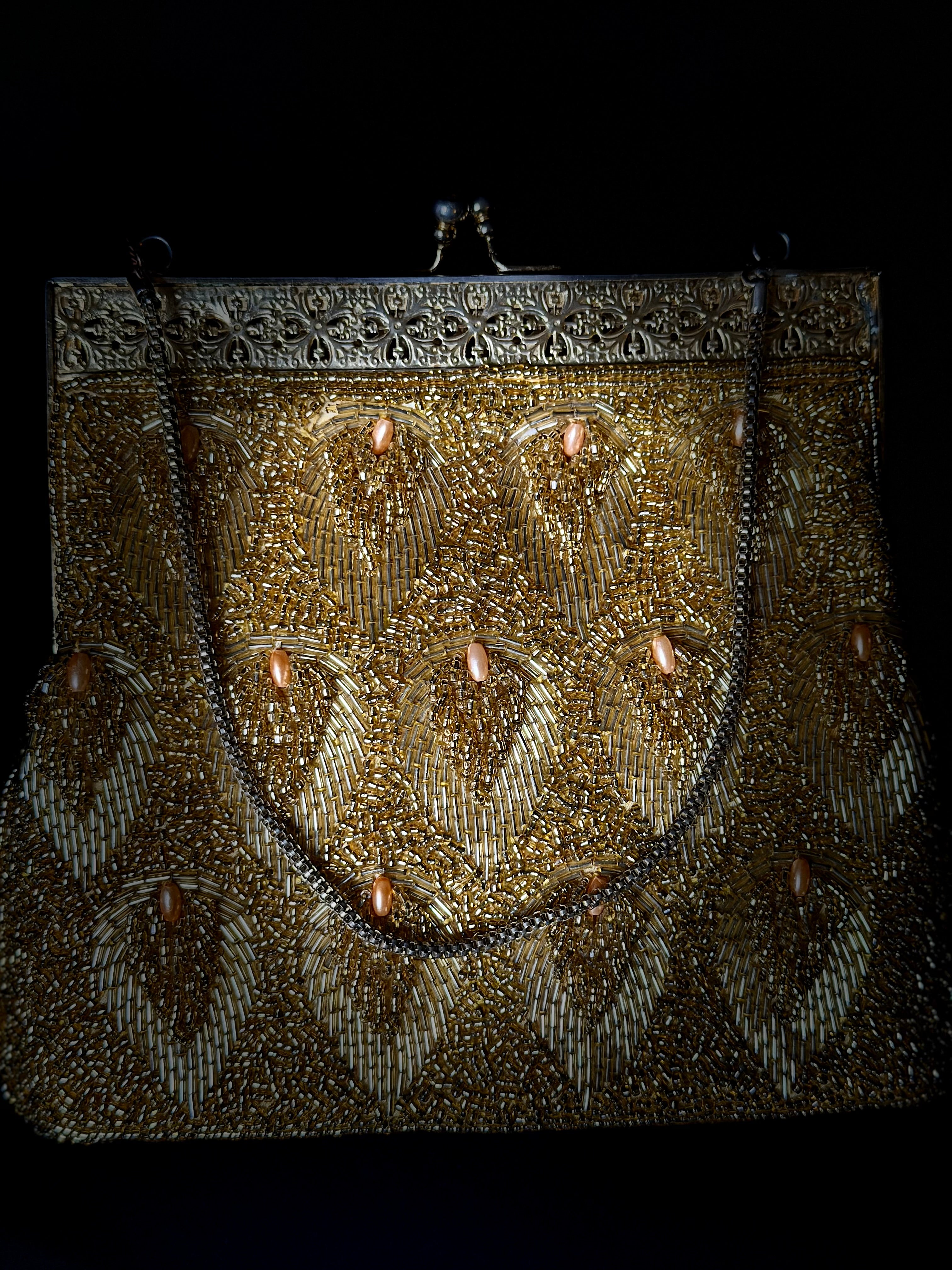 Evening Bag - 1950s Gold Beaded Clutch with Floral Filigree Frame”