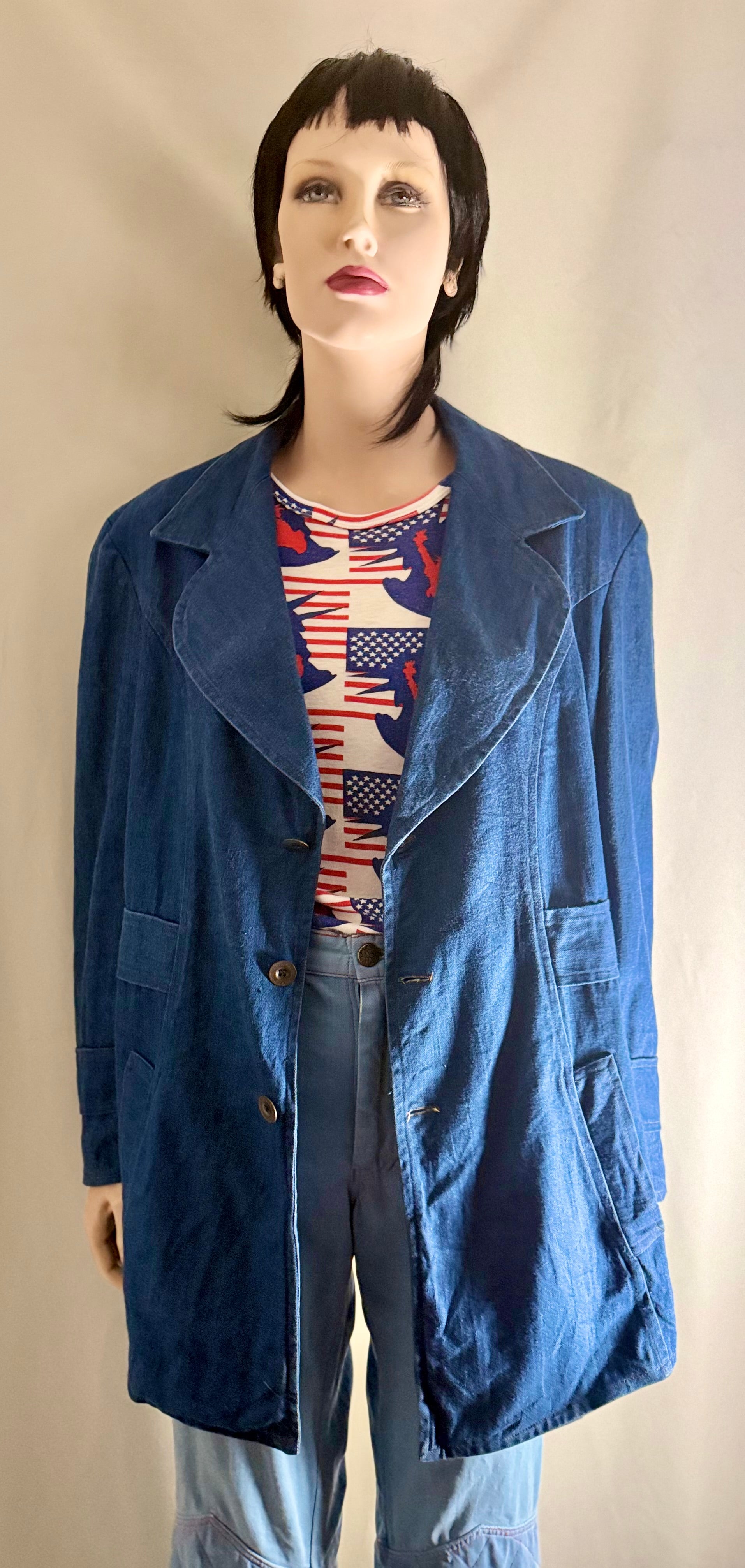 Late 60s French Indigo Utility Jacket – Military Workwear, Long Line