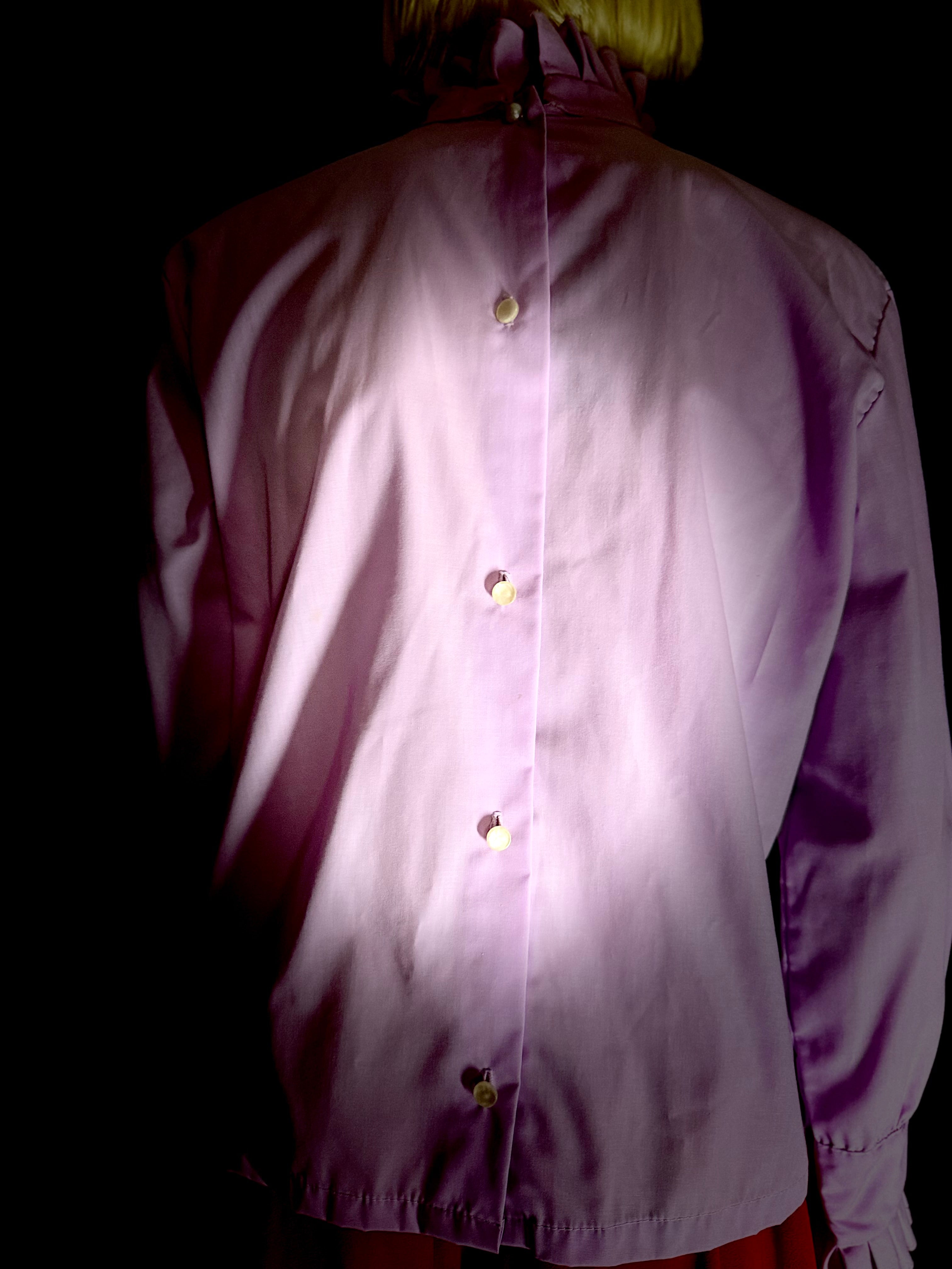 1960s Lavender Victorian Ruffle Blouse – Back Button Detail