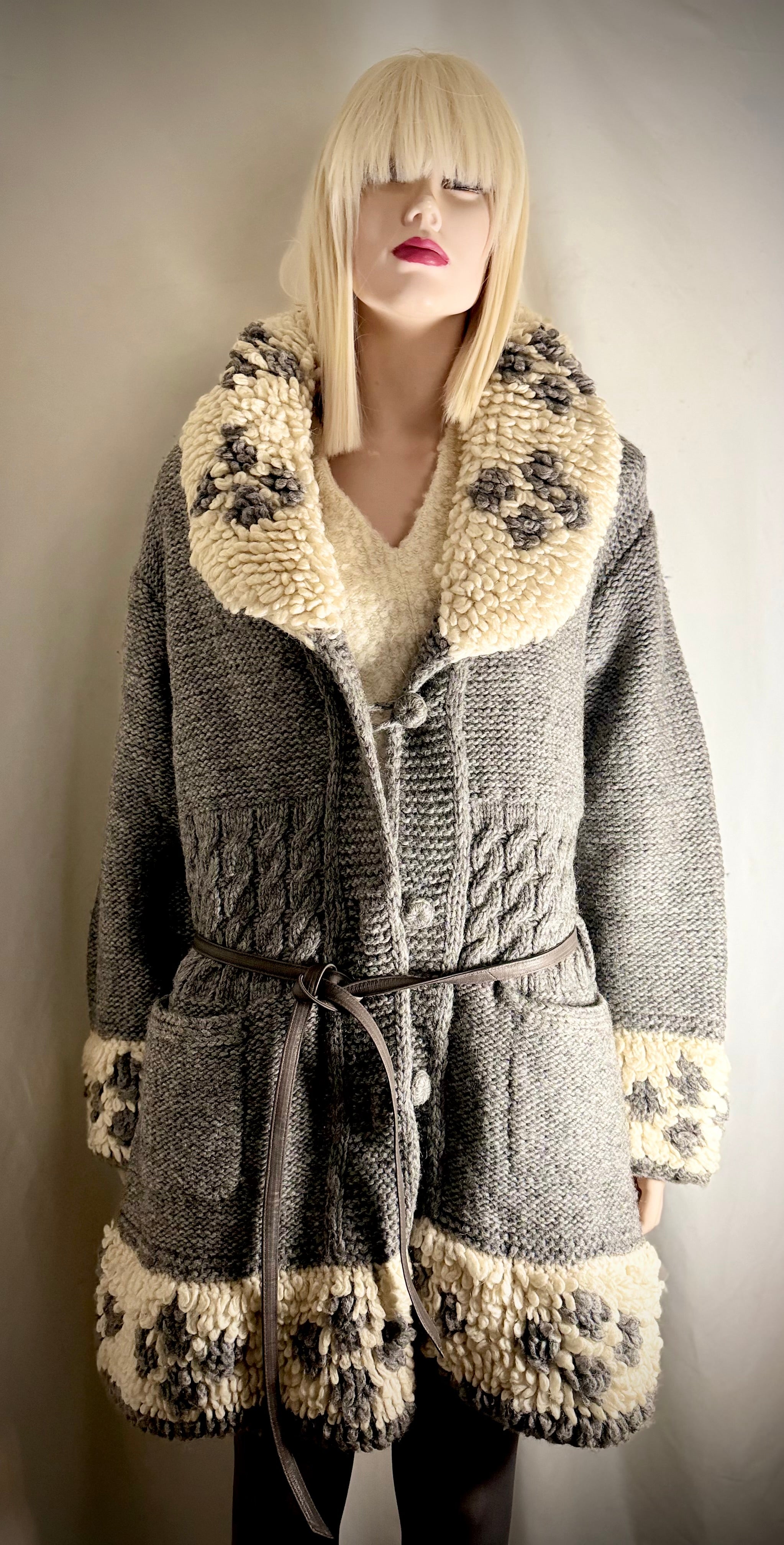 1970s Hand Knitted Nordic Wool Cardigan With Leather Belt