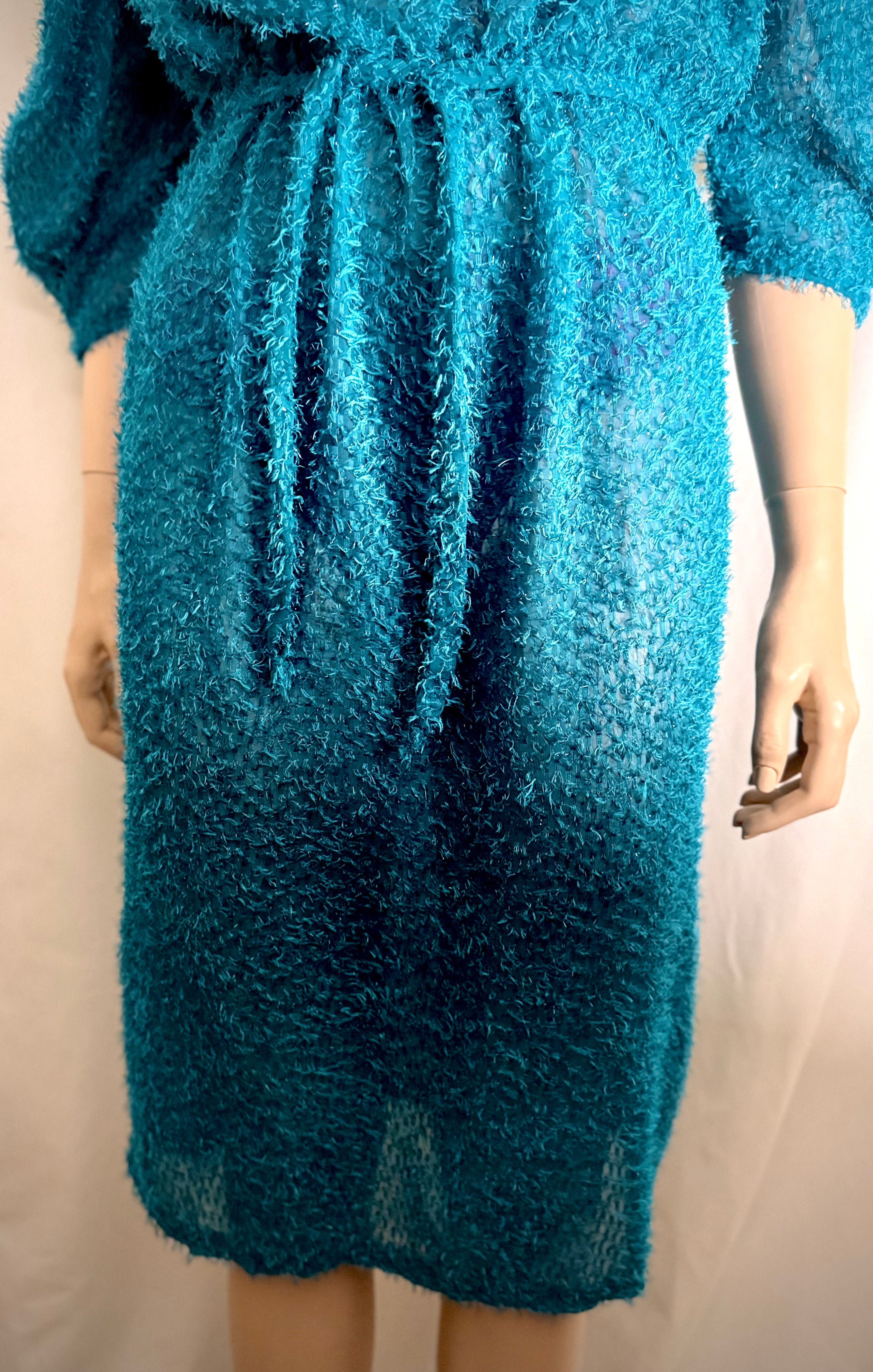 Electric Turquoise Sheer Lurex Midi Dress – 80s Avant-Garde Silhouette