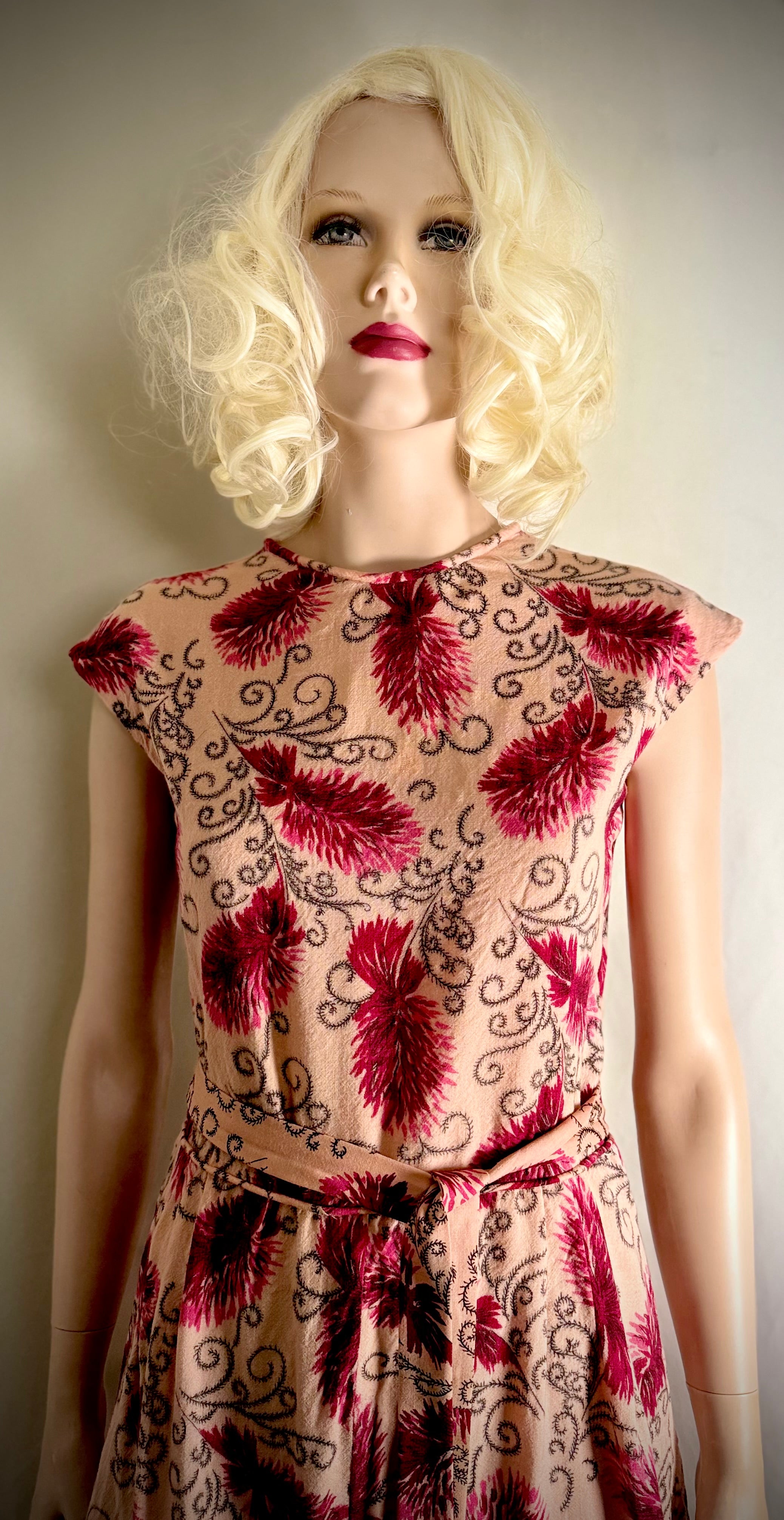 Circa 1940s Cotton Day Dress with Raspberry Print- Professionally Restored