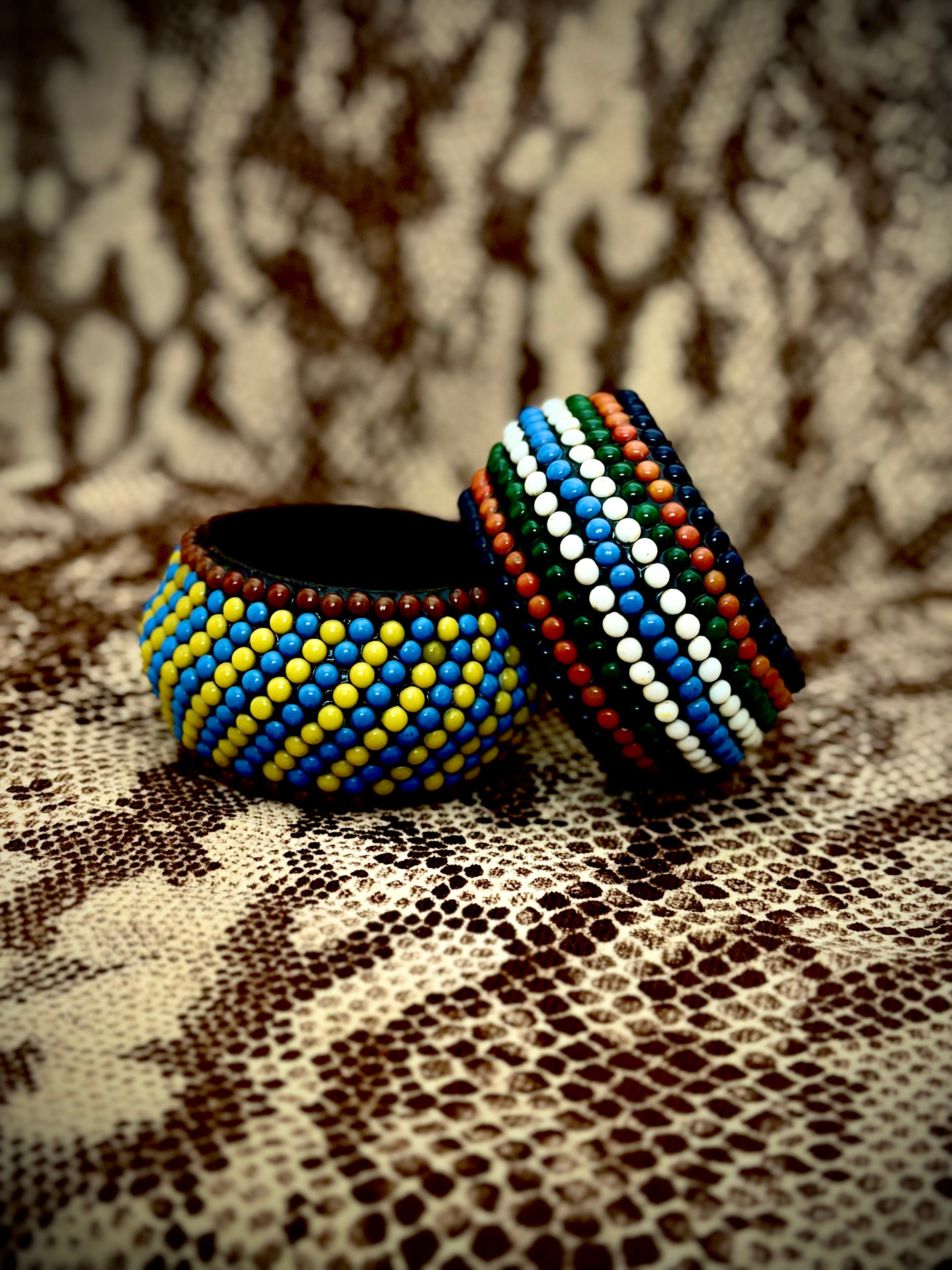 1980s African Beaded Wooden Bangle | Multicolour Stripe Design