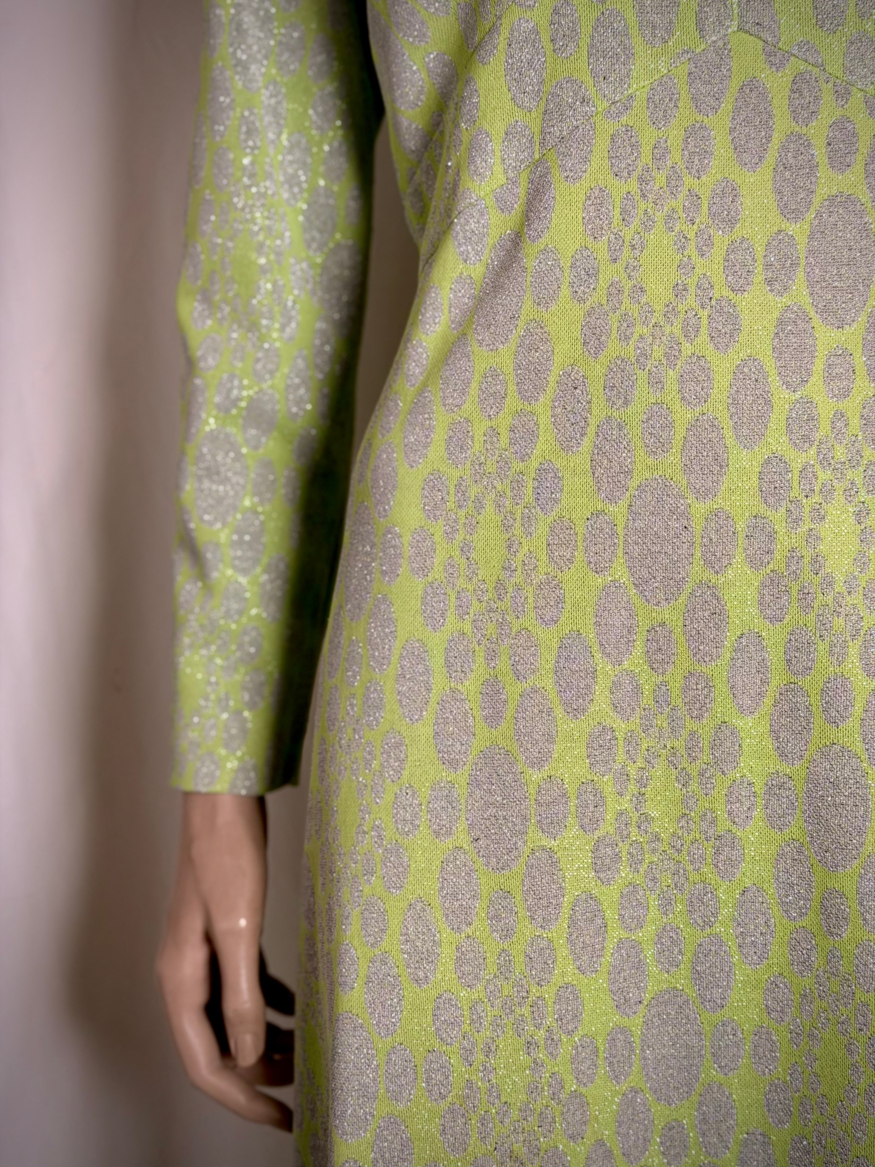 1960s Chartreuse Metallic Jacquard Op-Art Evening Gown (Mint Condition)
