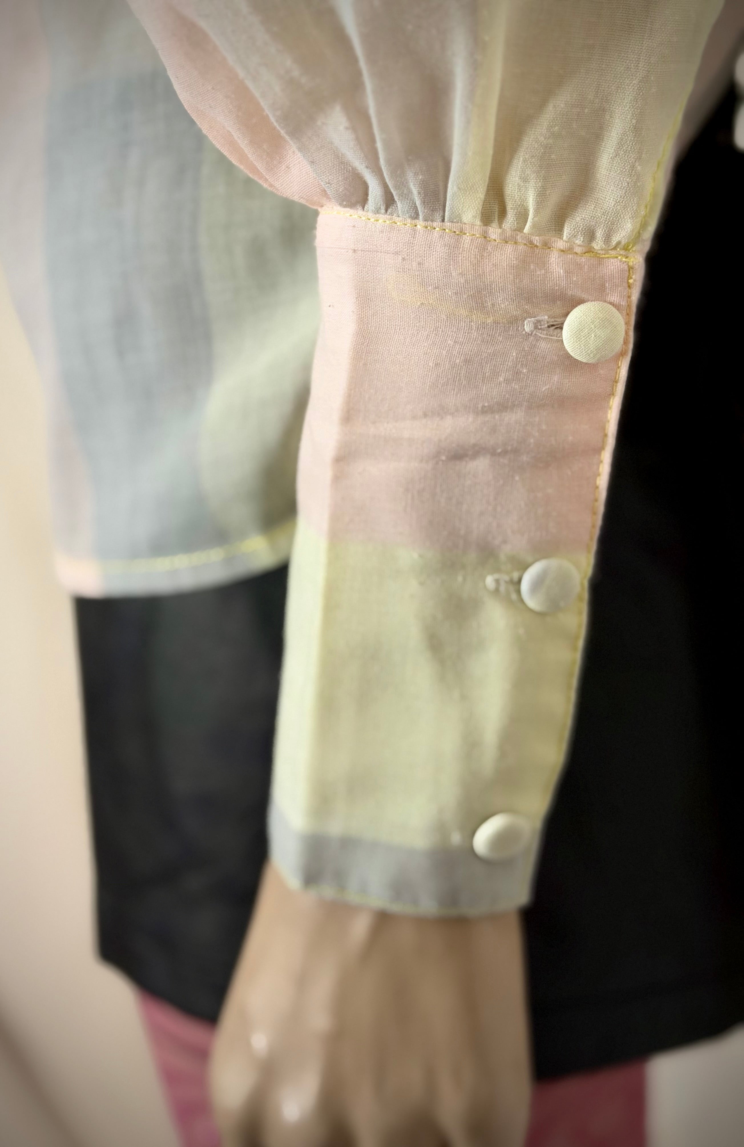1980s Pastel Stripe Leg of Mutton Cotton Blouse