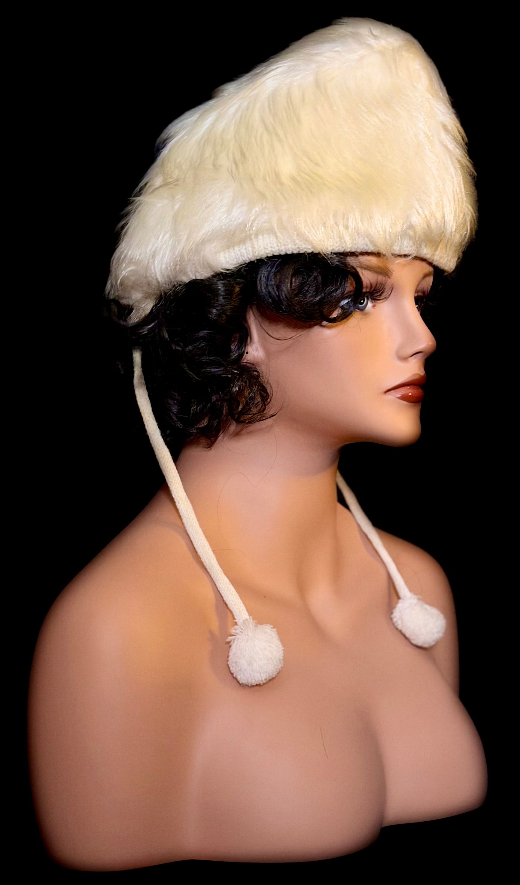 1940s Deadstock Faux Shearling Aviator-Style Hat with Pom-Pom Ties