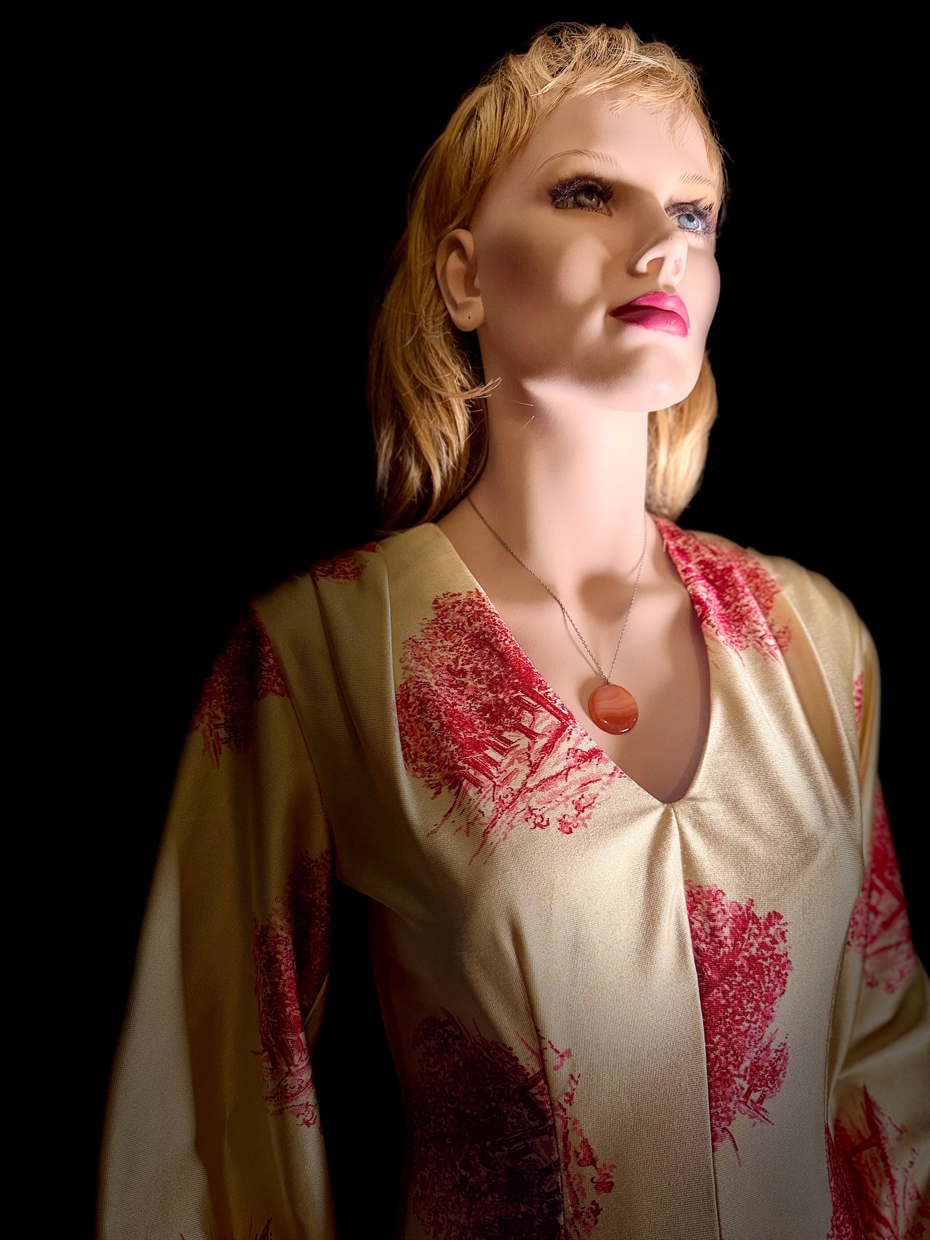 Vintage 1970s Golden Toile Evening Gown – Balloon Sleeves, Full Length