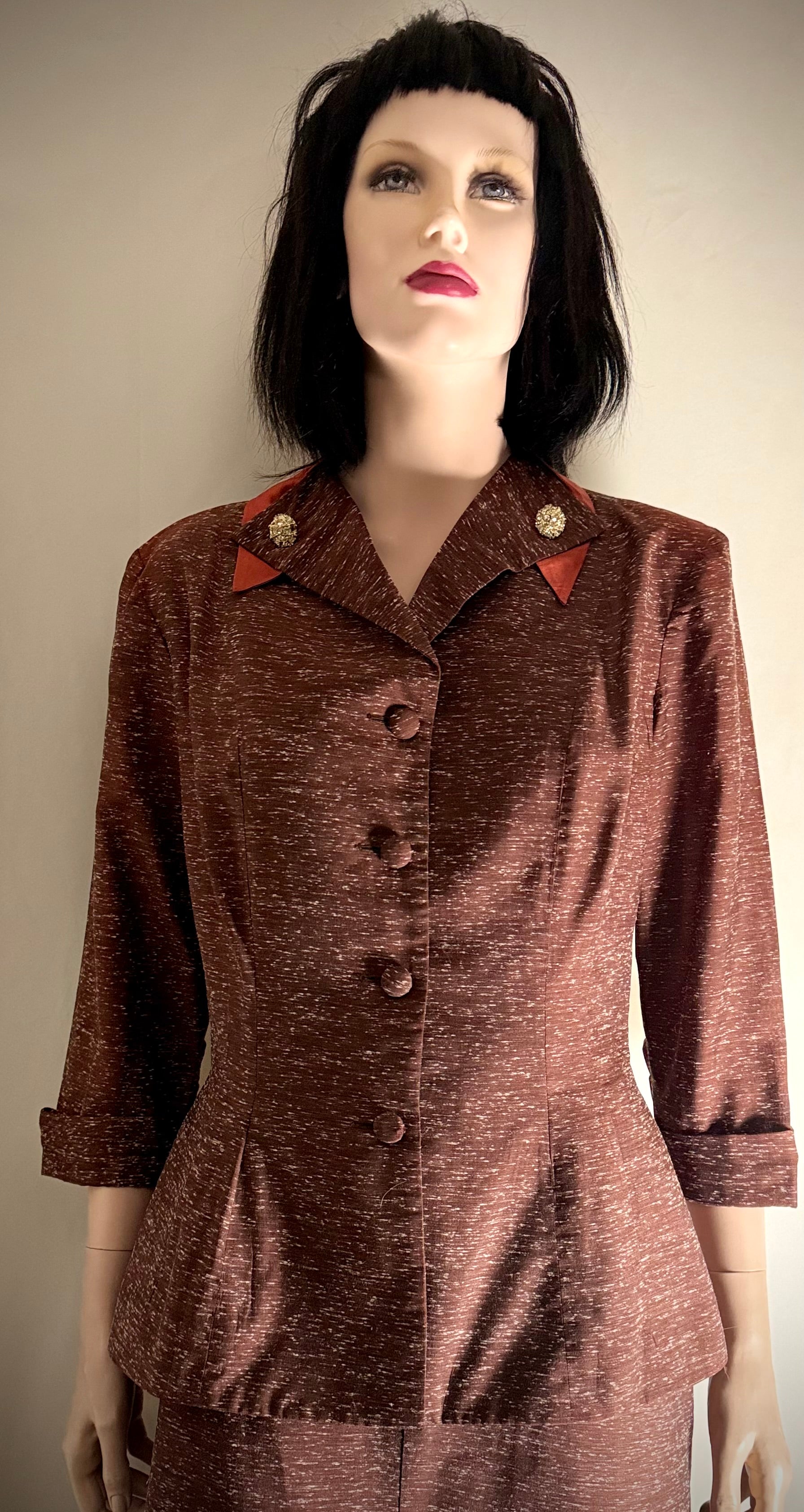 Late 1940s Vintage Skirt Suit - Rayon-Cotton with Satin Collar Detail