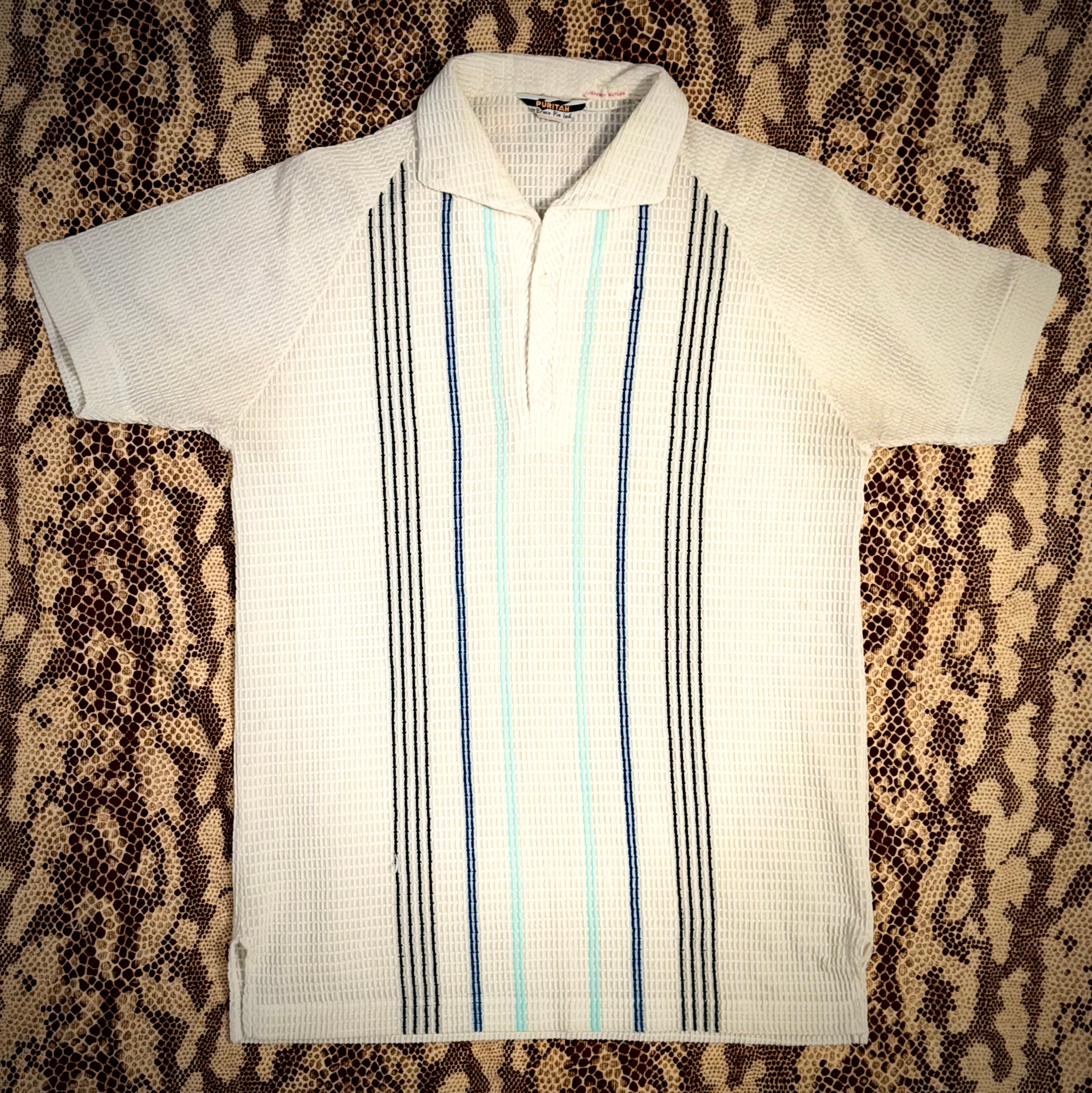 1950s/60s Textured Knit Resort Shirt- Vertical Stripe Waffle Weave (Rare)