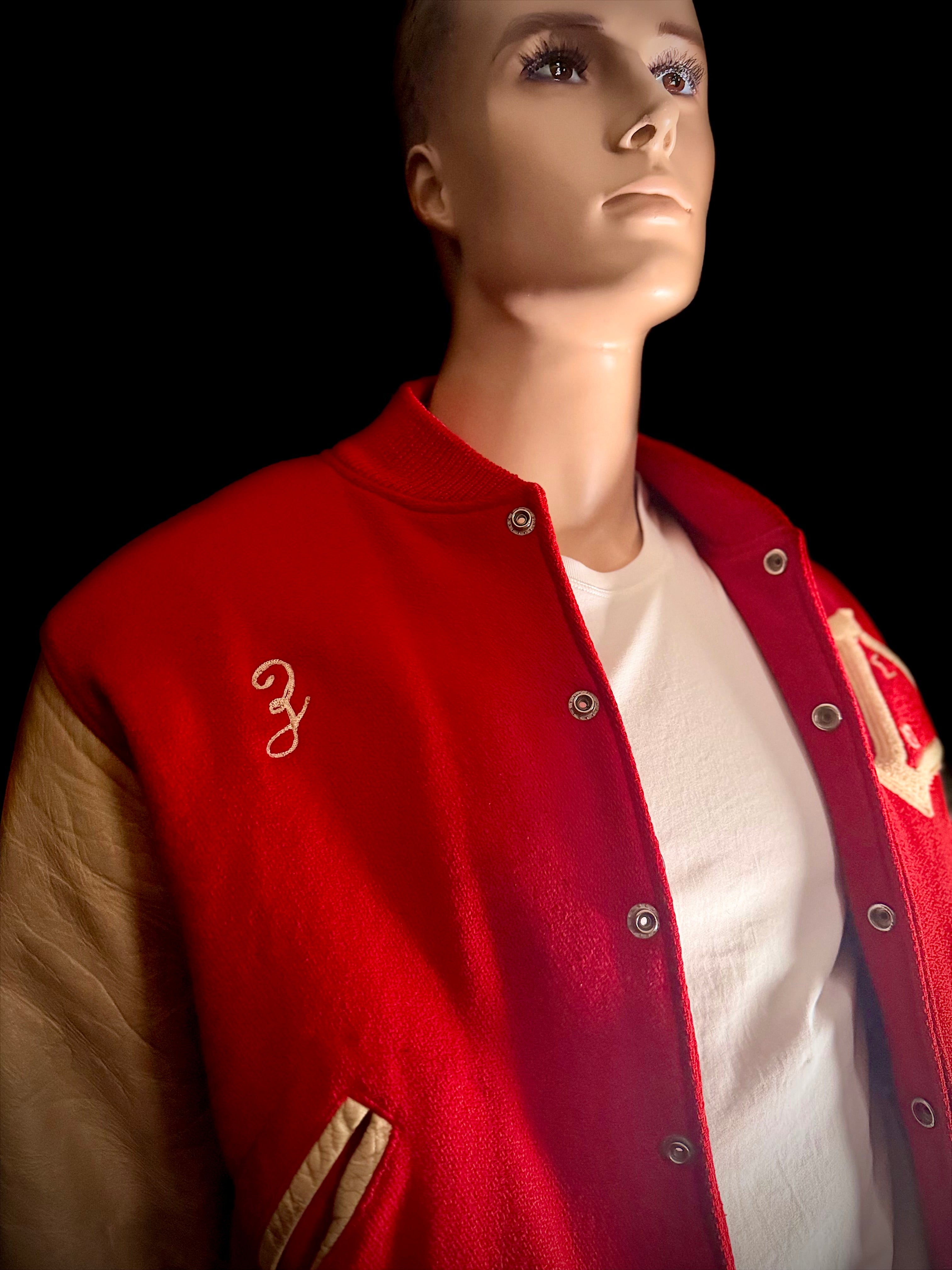 1950s–60s Red Varsity Jacket with Leather Sleeves