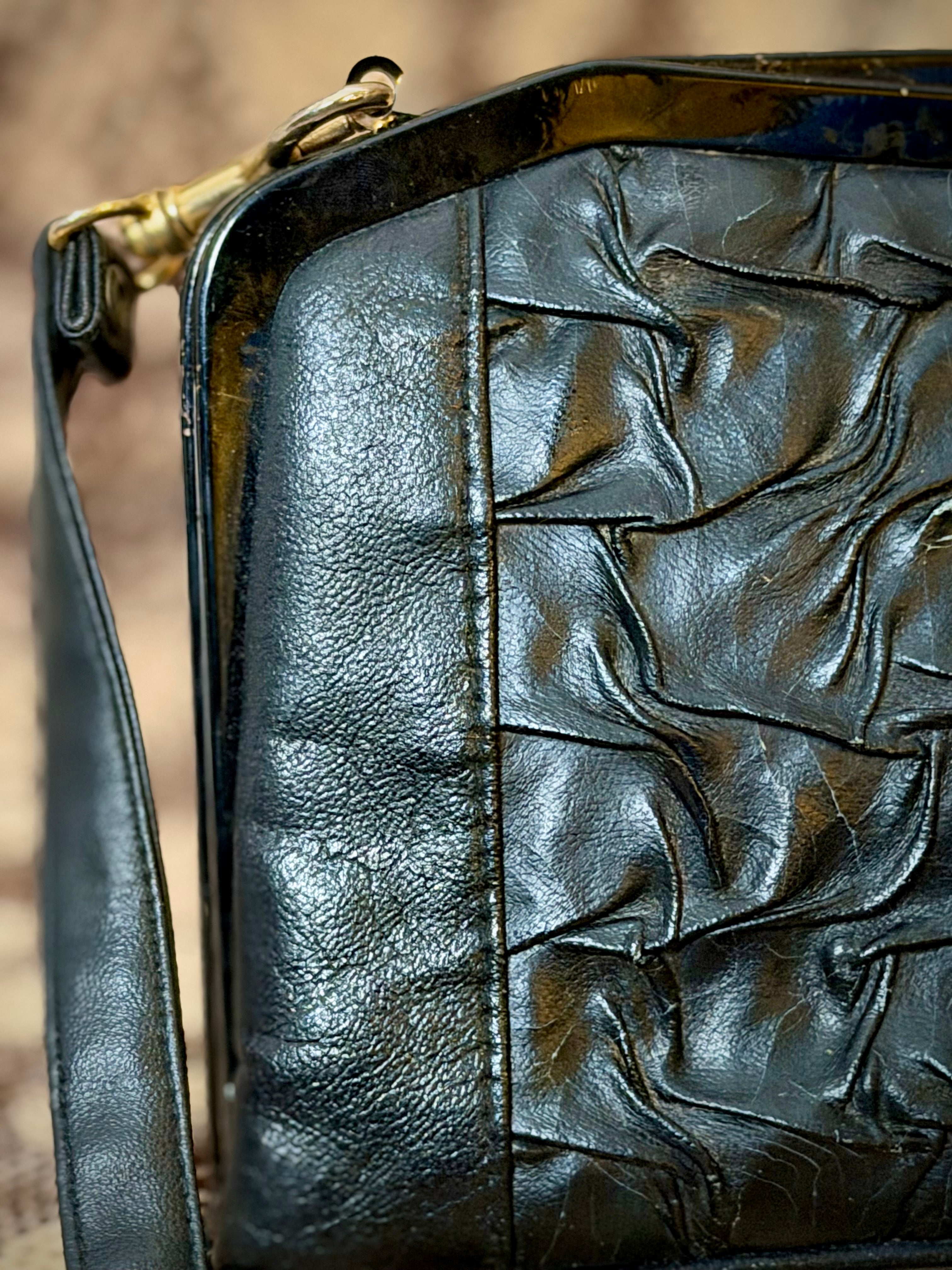 Late 50s-Early 60s Black Gathered Leather Shoulder Bag with Gold Butterfly Clasp