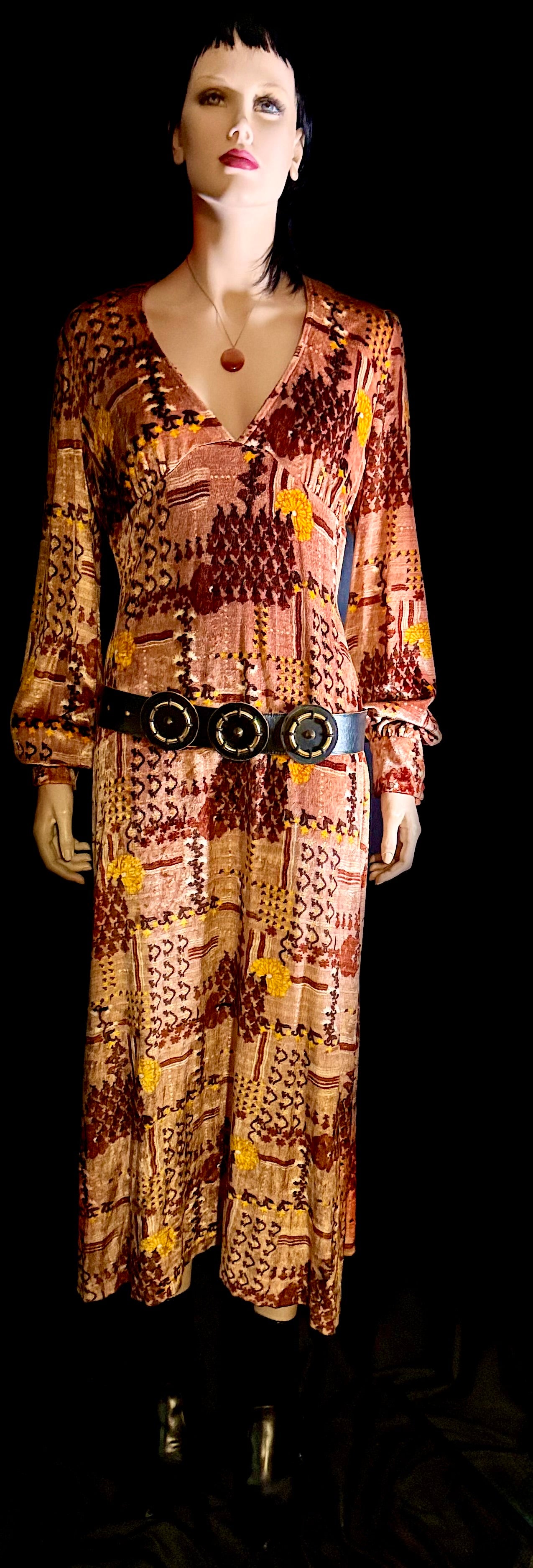 1970s Velvet Maxi Dress | Rich Patchwork Print | Heavy Luxe Fabric