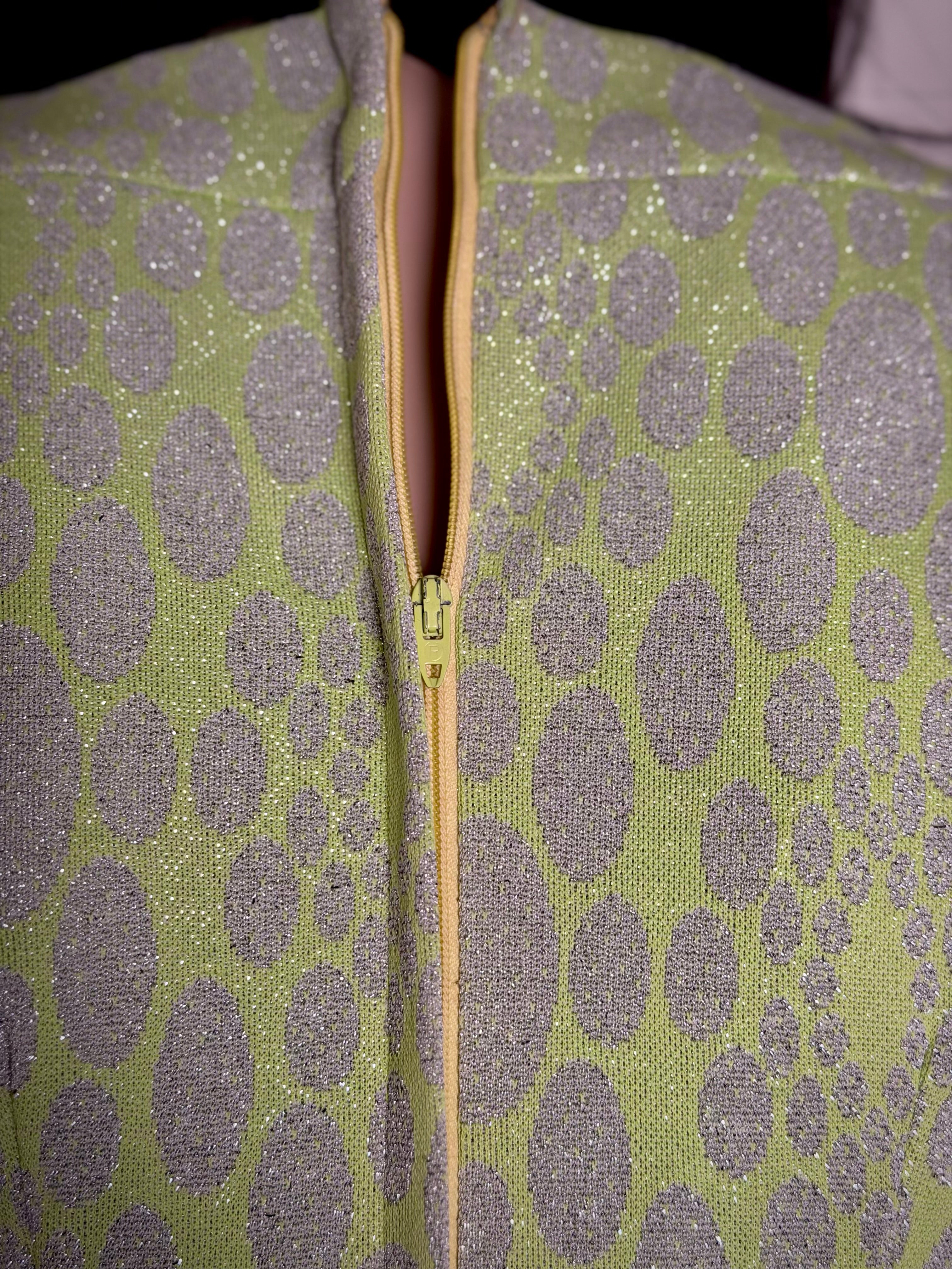 1960s Chartreuse Metallic Jacquard Op-Art Evening Gown (Mint Condition)
