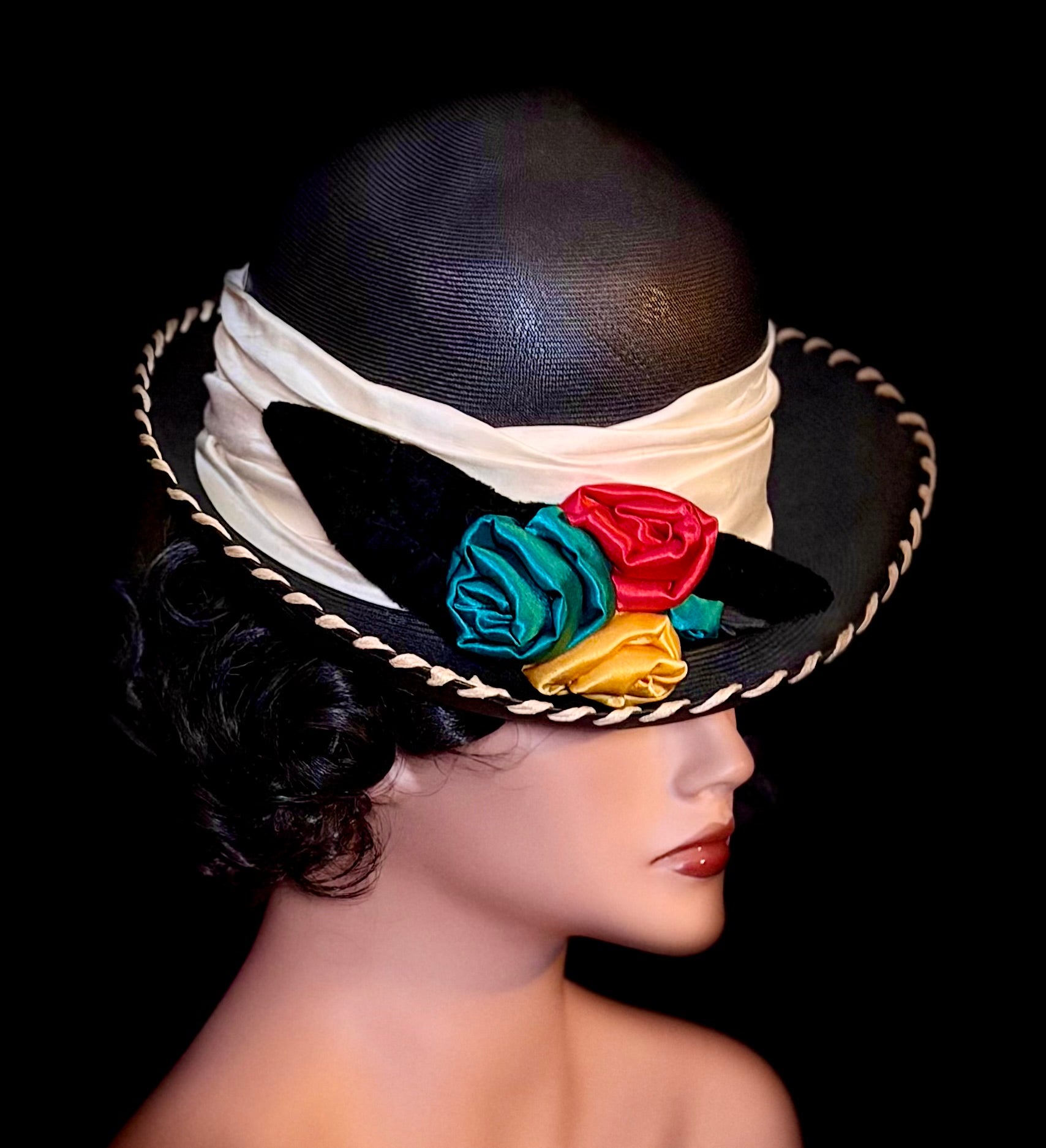 Exceptional Mid-Century Sculptural Hat - Black Structured Crown with Velvet and Satin Roses