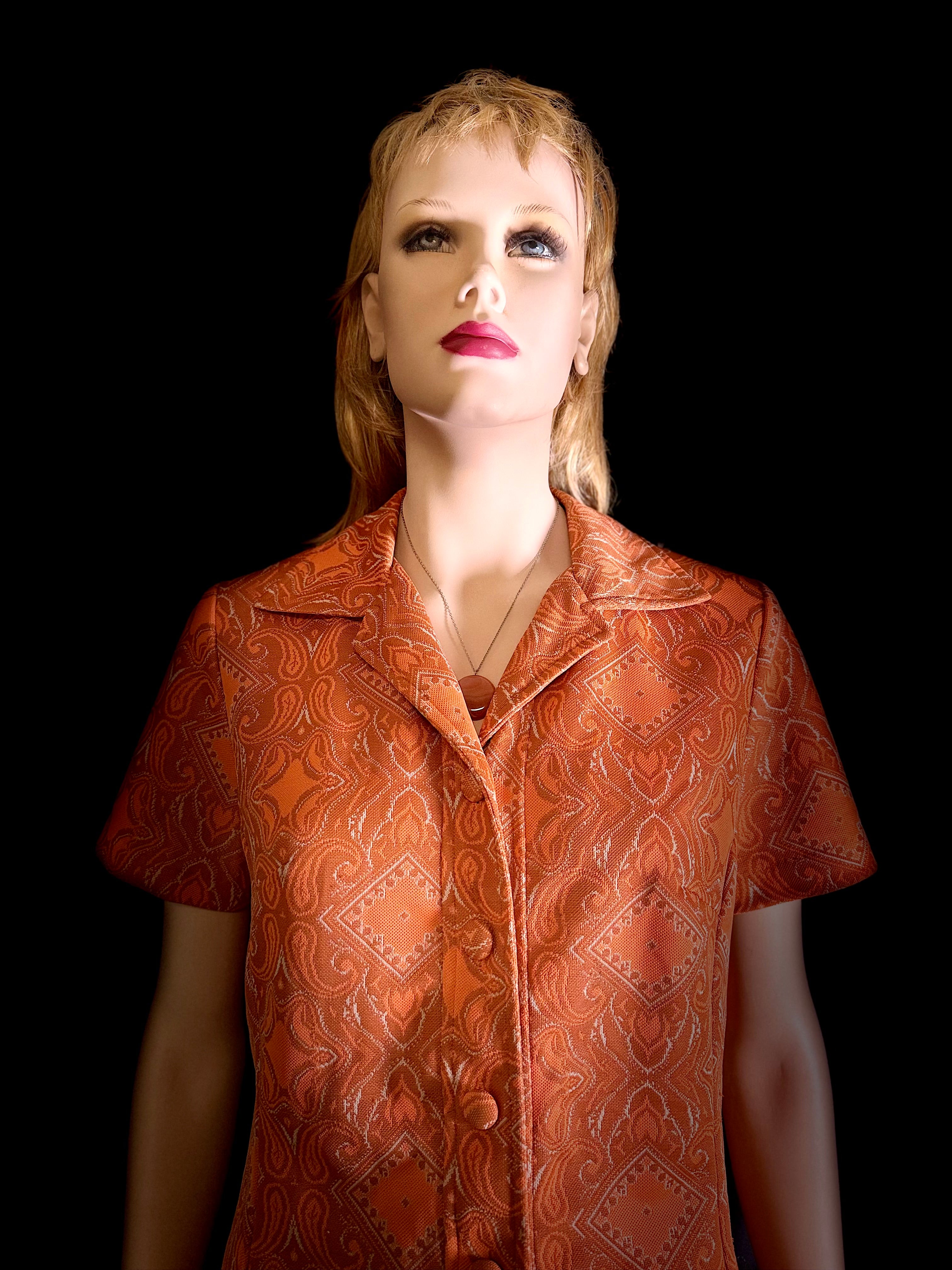 Vintage 1960s Copper Jacquard Short-Sleeve Top / Mini Tunic - Mint Condition