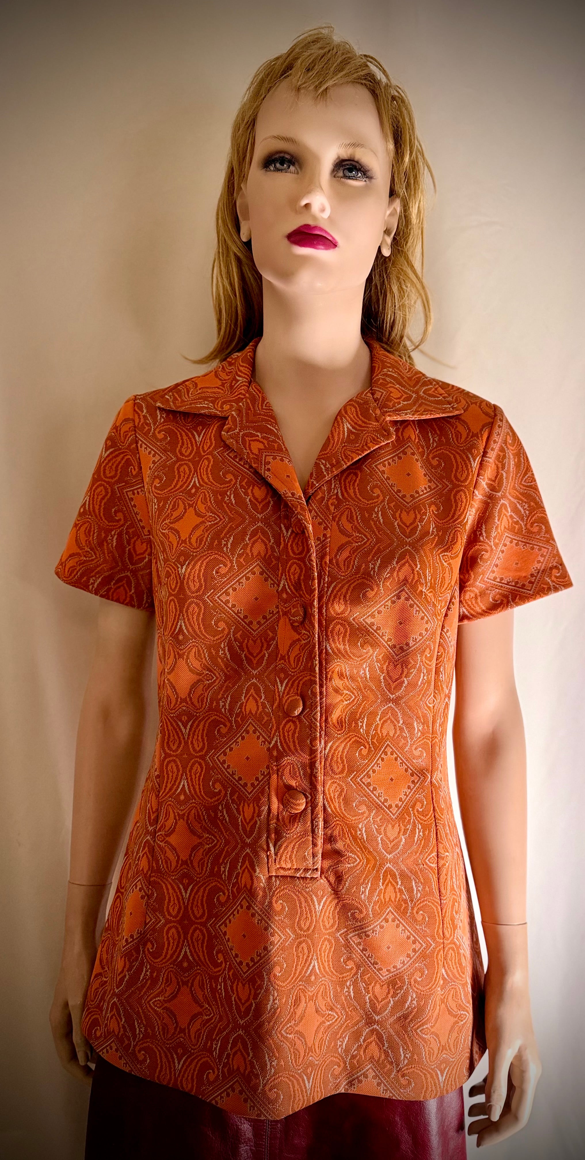 Vintage 1960s Copper Jacquard Short-Sleeve Top / Mini Tunic - Mint Condition