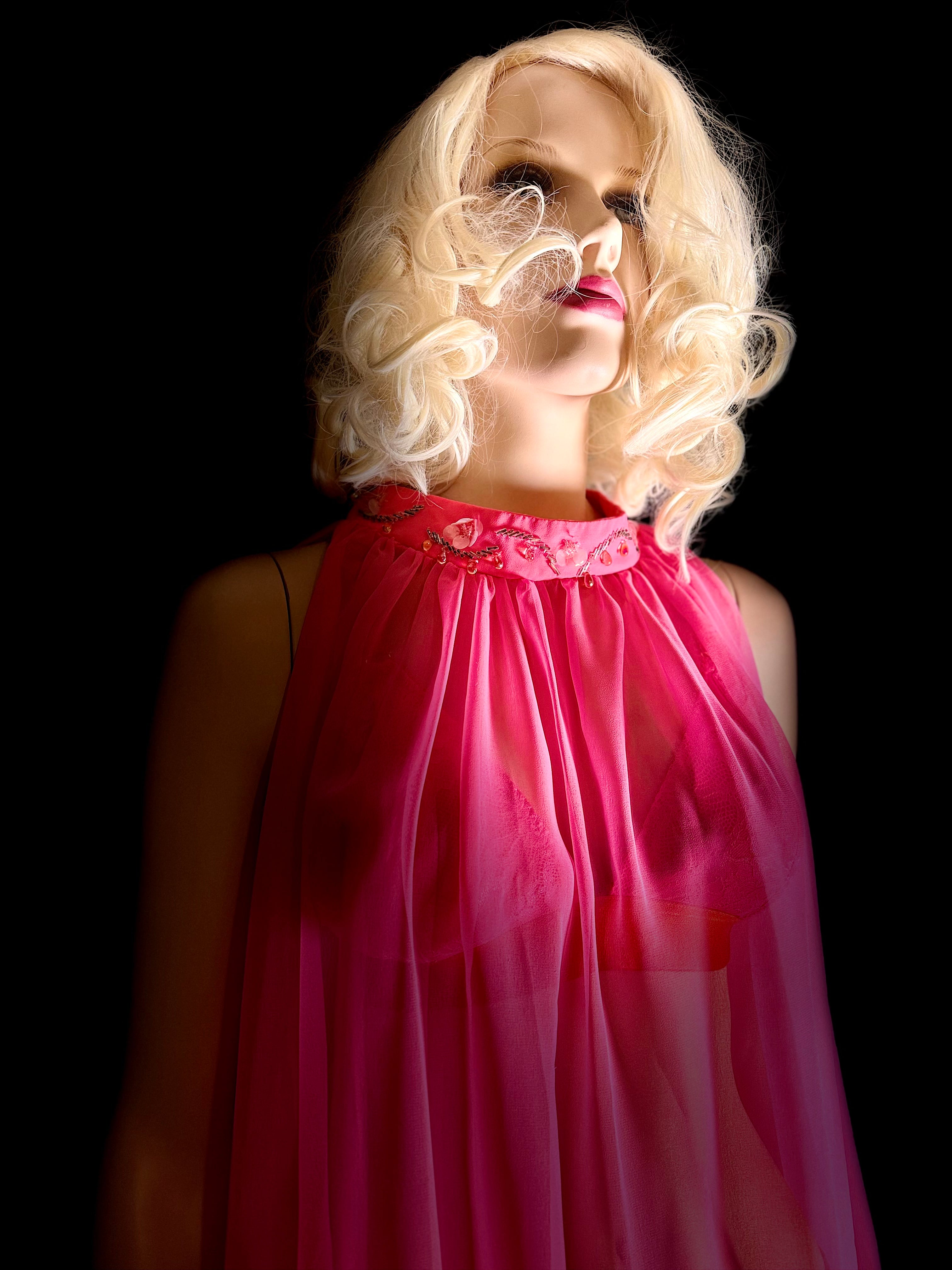 1960s Hot Pink Sheer Babydoll Dress with Hand-Beaded Collar