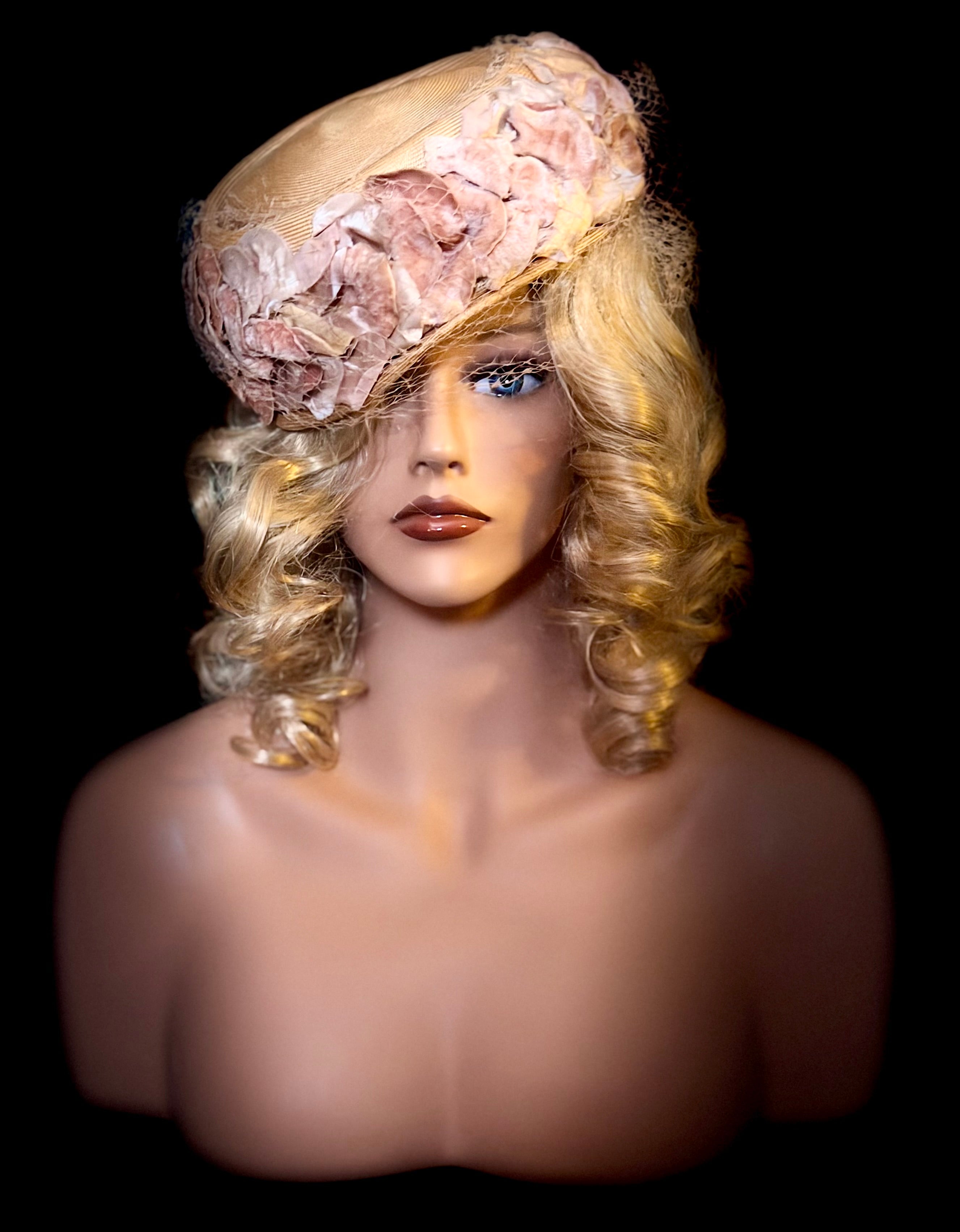 Early- Mid 1940s Straw Hat with Velvet Floral Trim and Veil