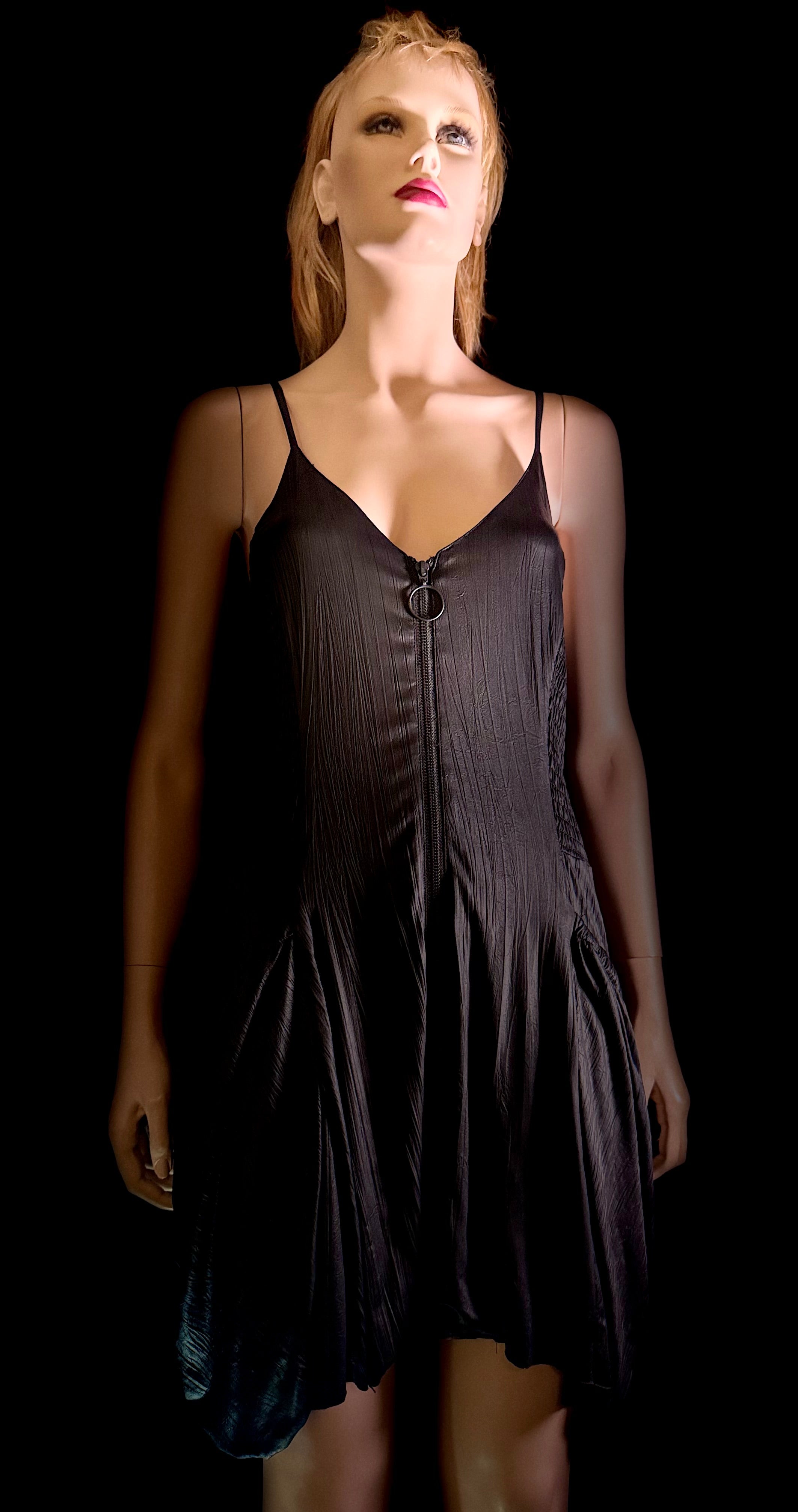 Vintage Ksubi Black Zip-Front Dress with Crinkle Finish