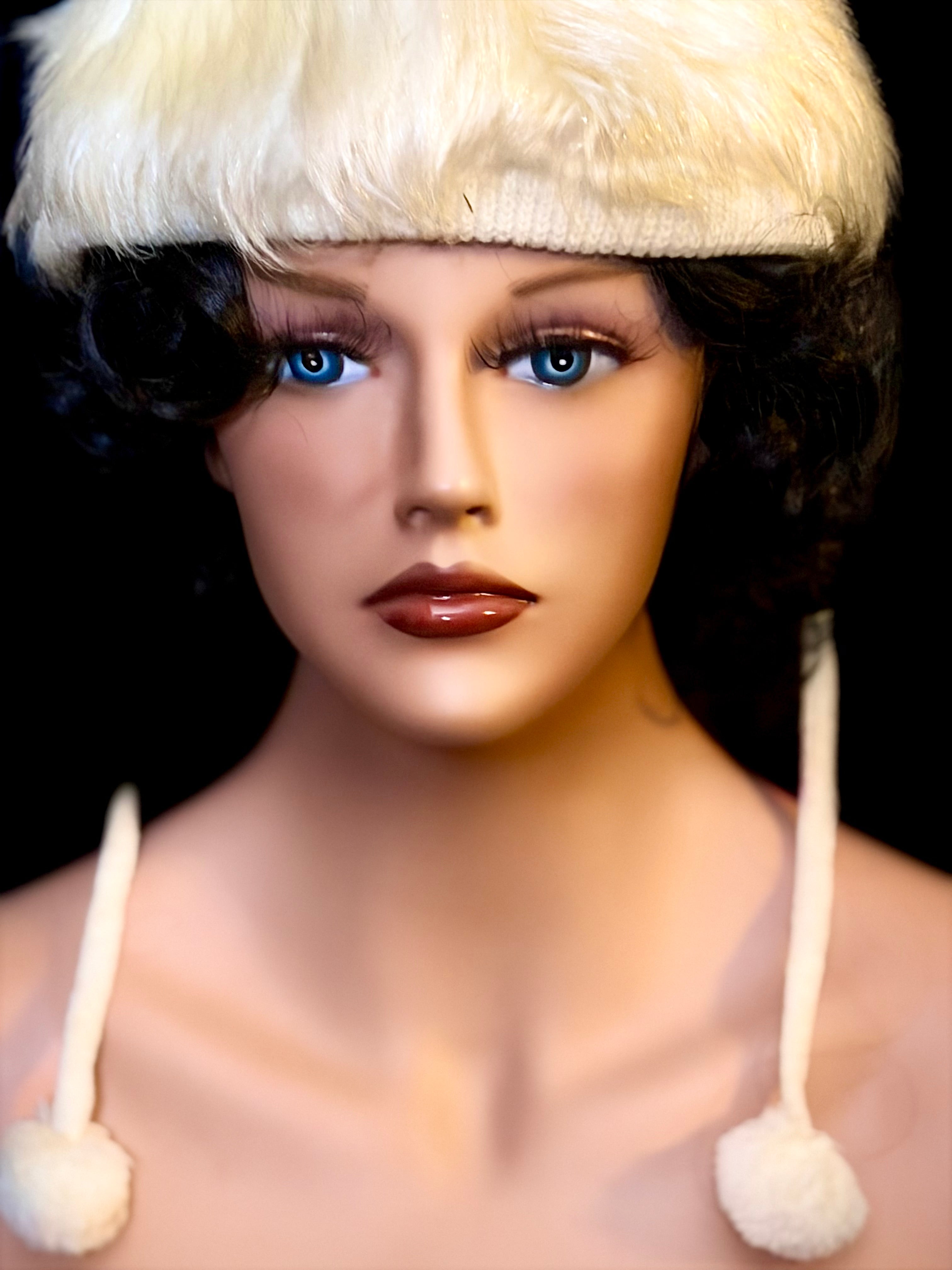 1940s Deadstock Faux Shearling Aviator-Style Hat with Pom-Pom Ties
