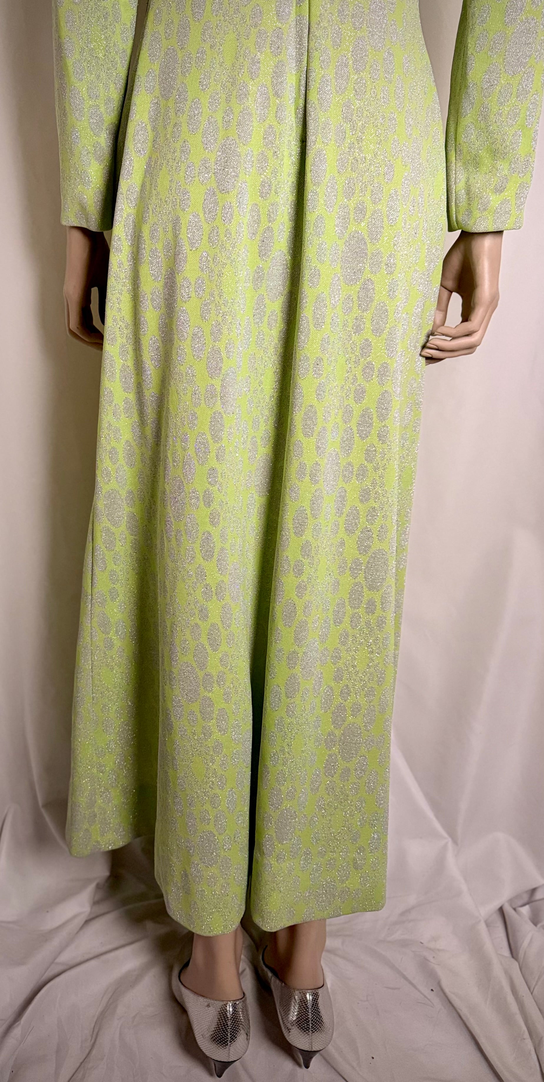 1960s Chartreuse Metallic Jacquard Op-Art Evening Gown (Mint Condition)