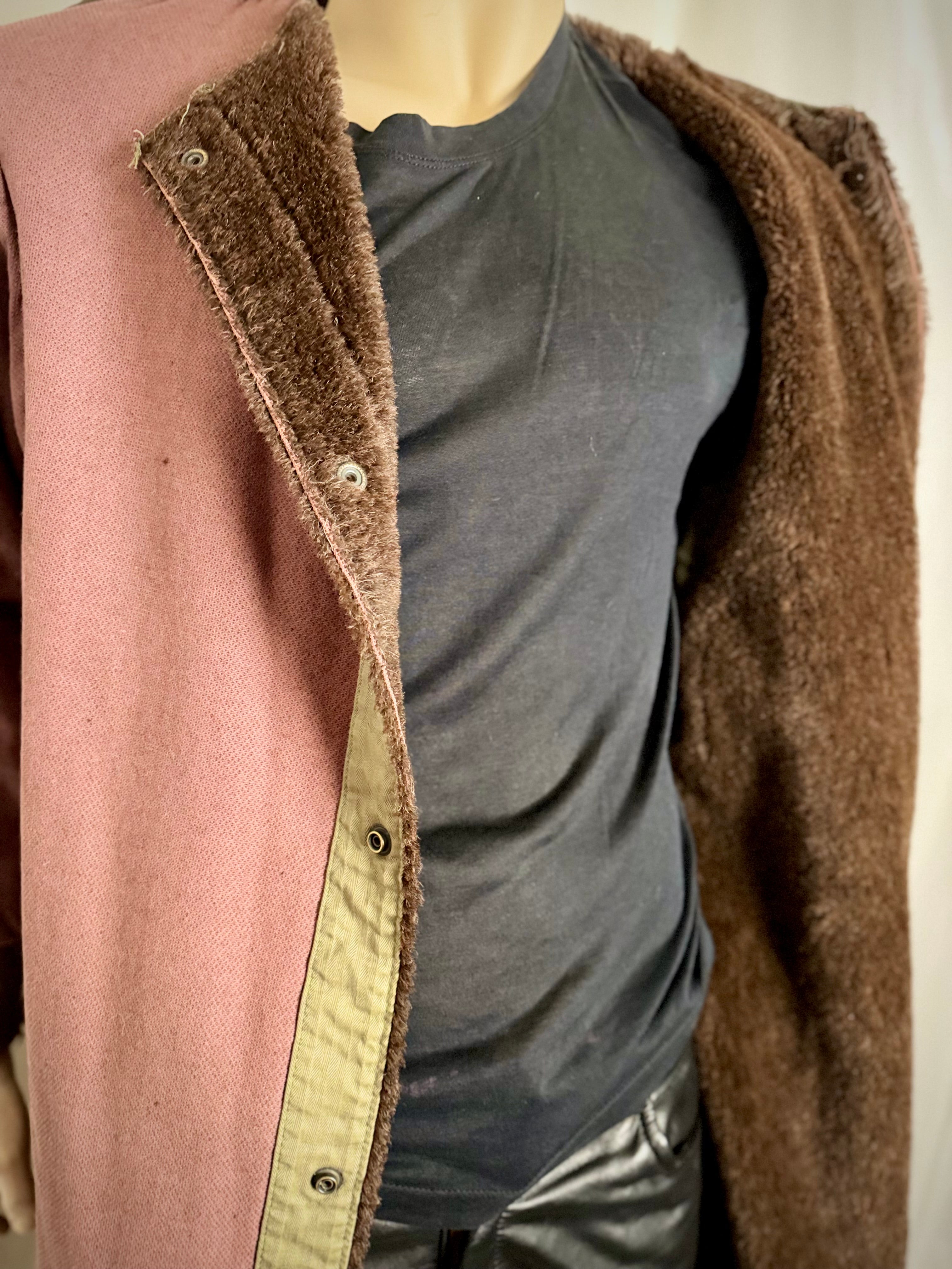 1960s Shearling Lined
Collarless Workers Coat - Olive Herringbone Trim