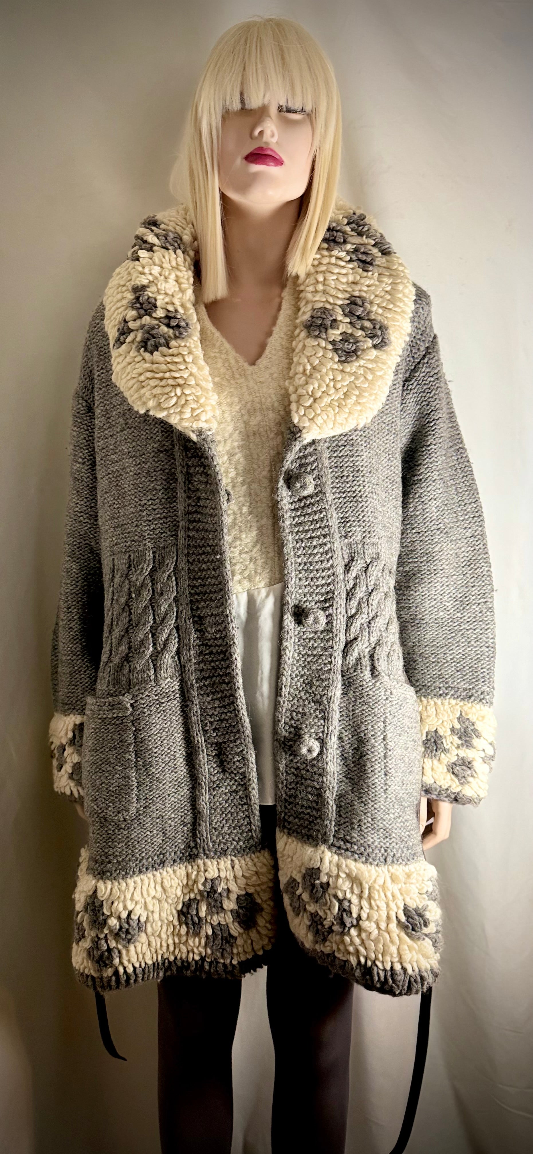 1970s Hand Knitted Nordic Wool Cardigan With Leather Belt