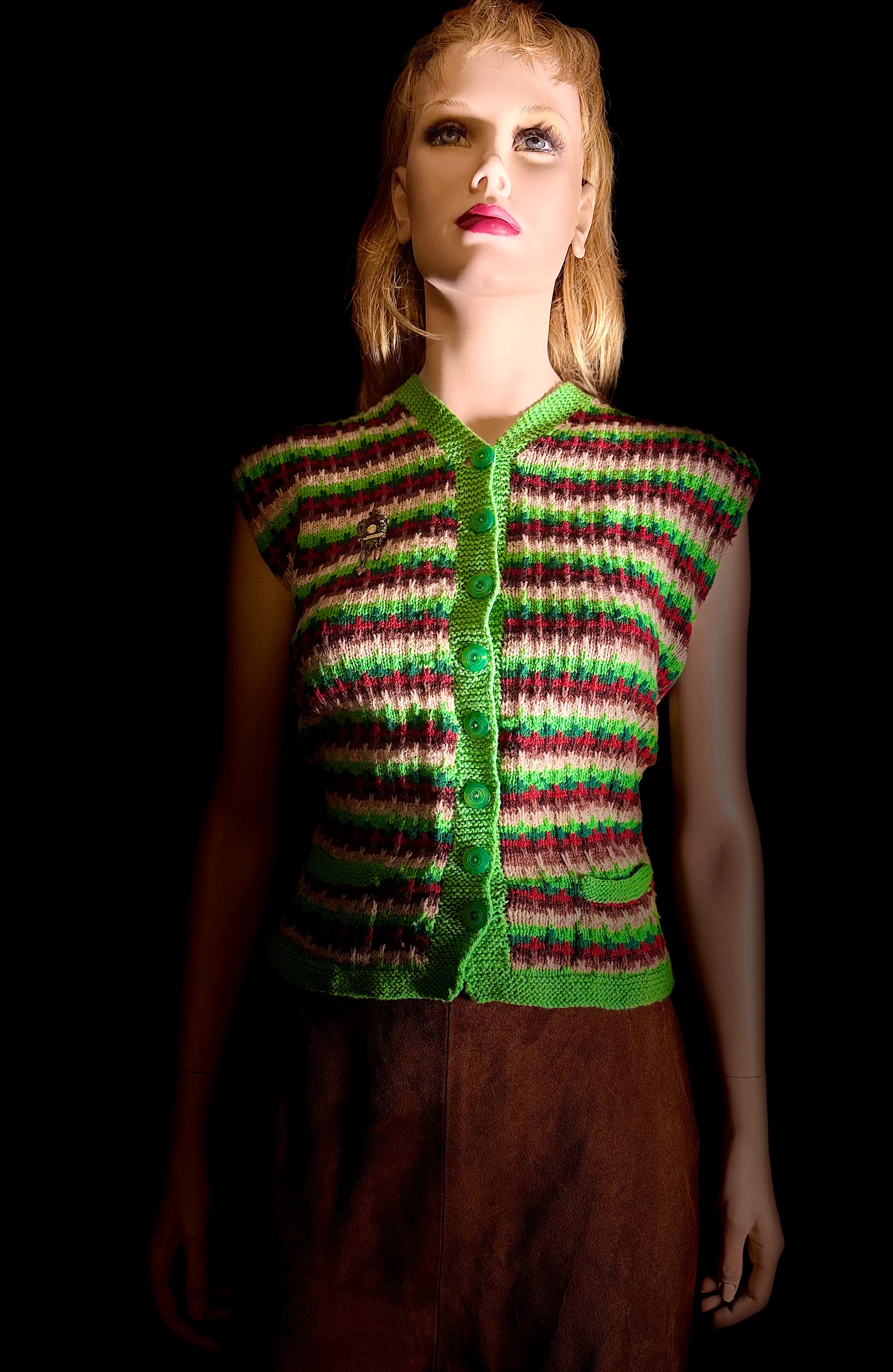 1940s-50s Hand-Knitted Wool Vest | Folk Stripe Knit