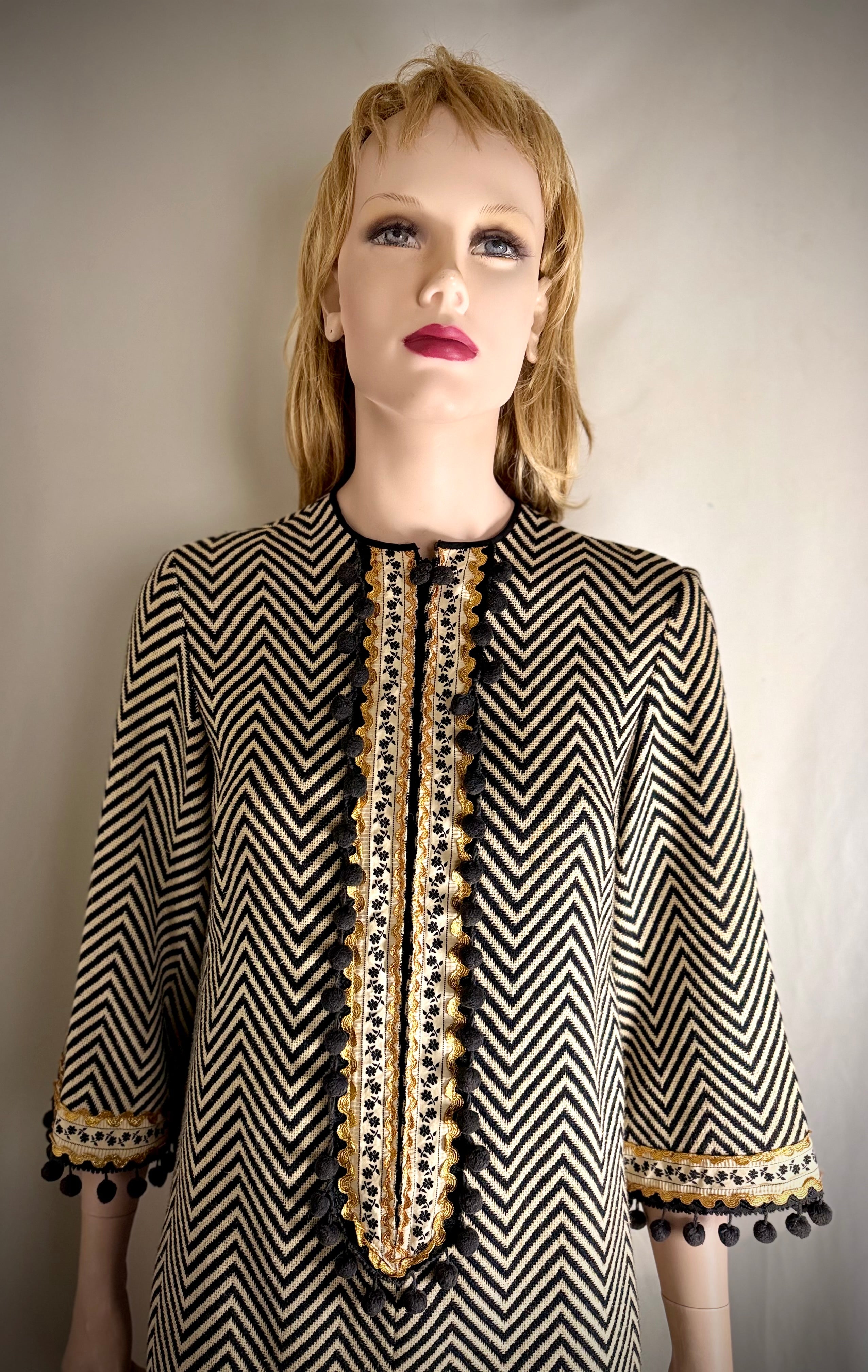 Mid-Century Chevron Weave Dress with Decorative Trim