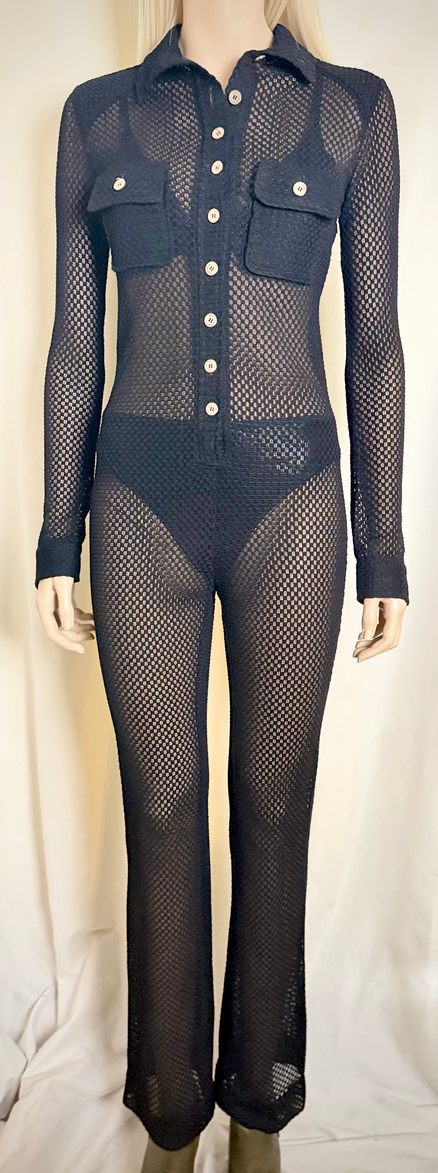 1970s Black Lace Mesh Jumpsuit With Military Details
