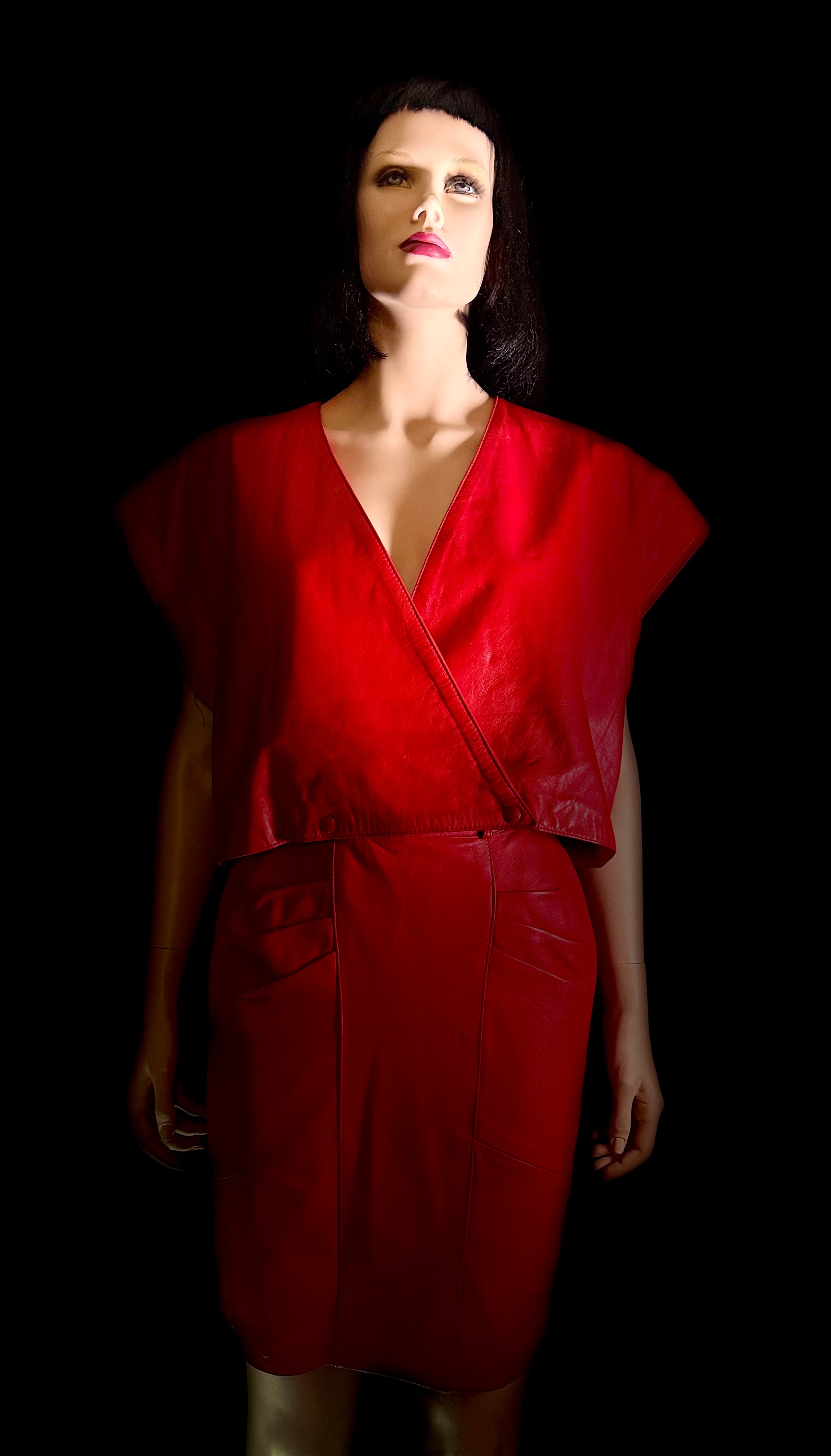 Vintage 80s Red Leather Set -Argentinian Vera Pelle Wrap Top and High-Waist Skirt