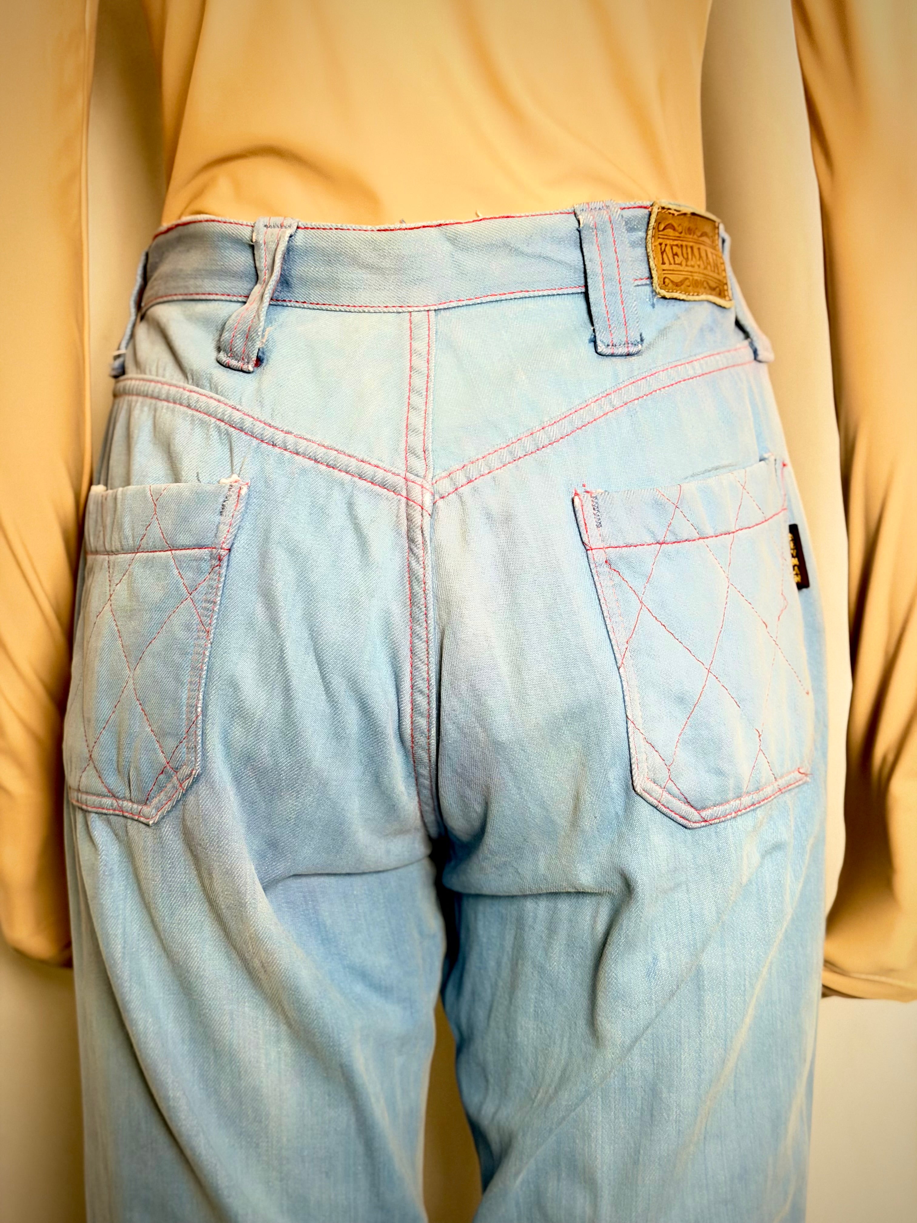 Vintage 70s Keyman Quilted Flares - Light Blue Denim