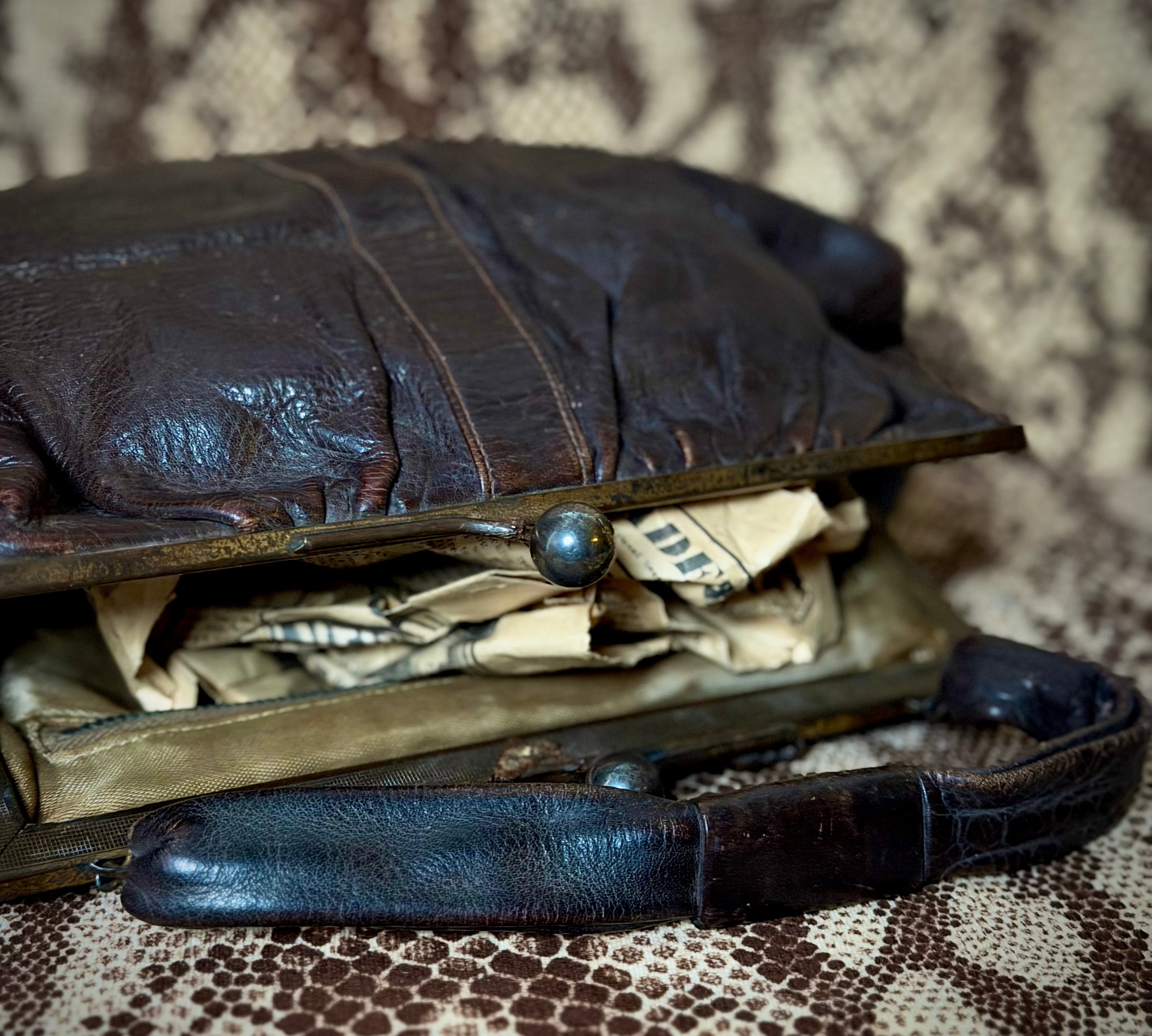 Late 1930s-1940s Leather and Reptile Skin Frame Handbag