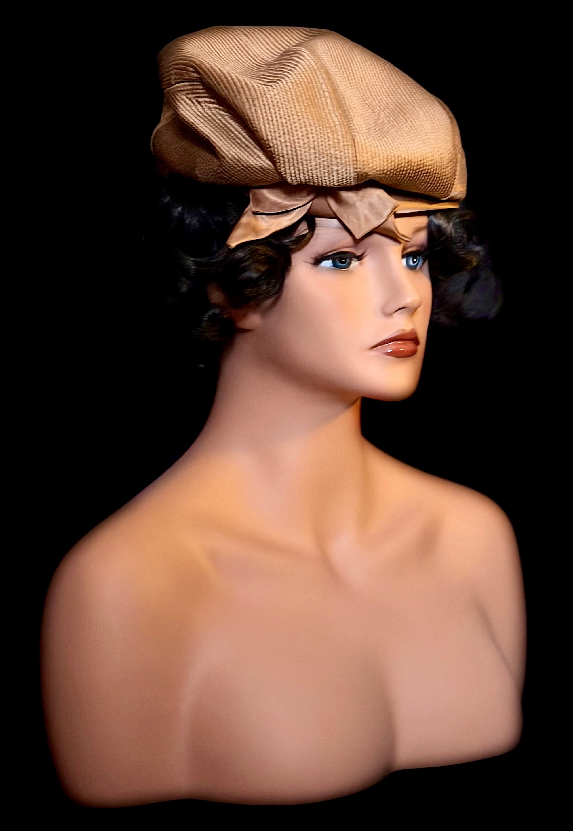 Vintage 1940s-50s Draped Turban Hat - Gold Satin & Faille