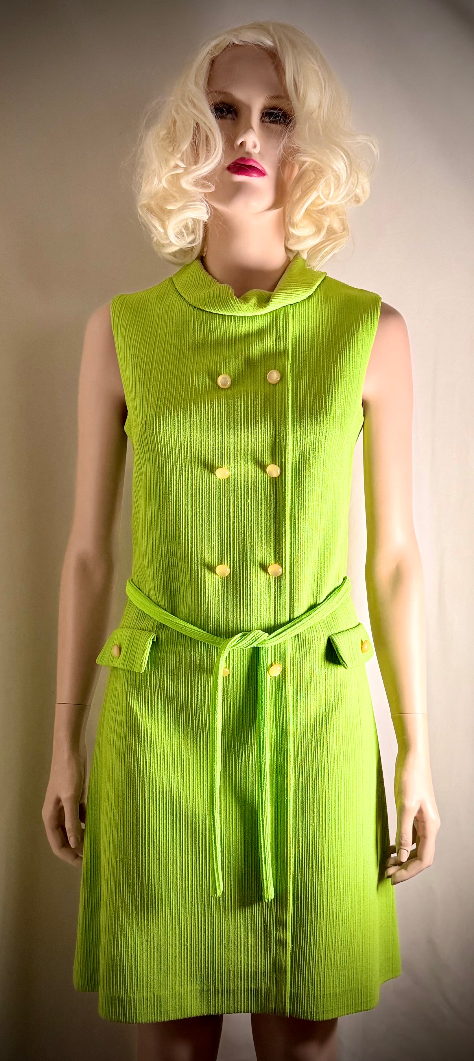 Vintage 60’s Ribbed Chartreuse Sleeveless Dress with Belt