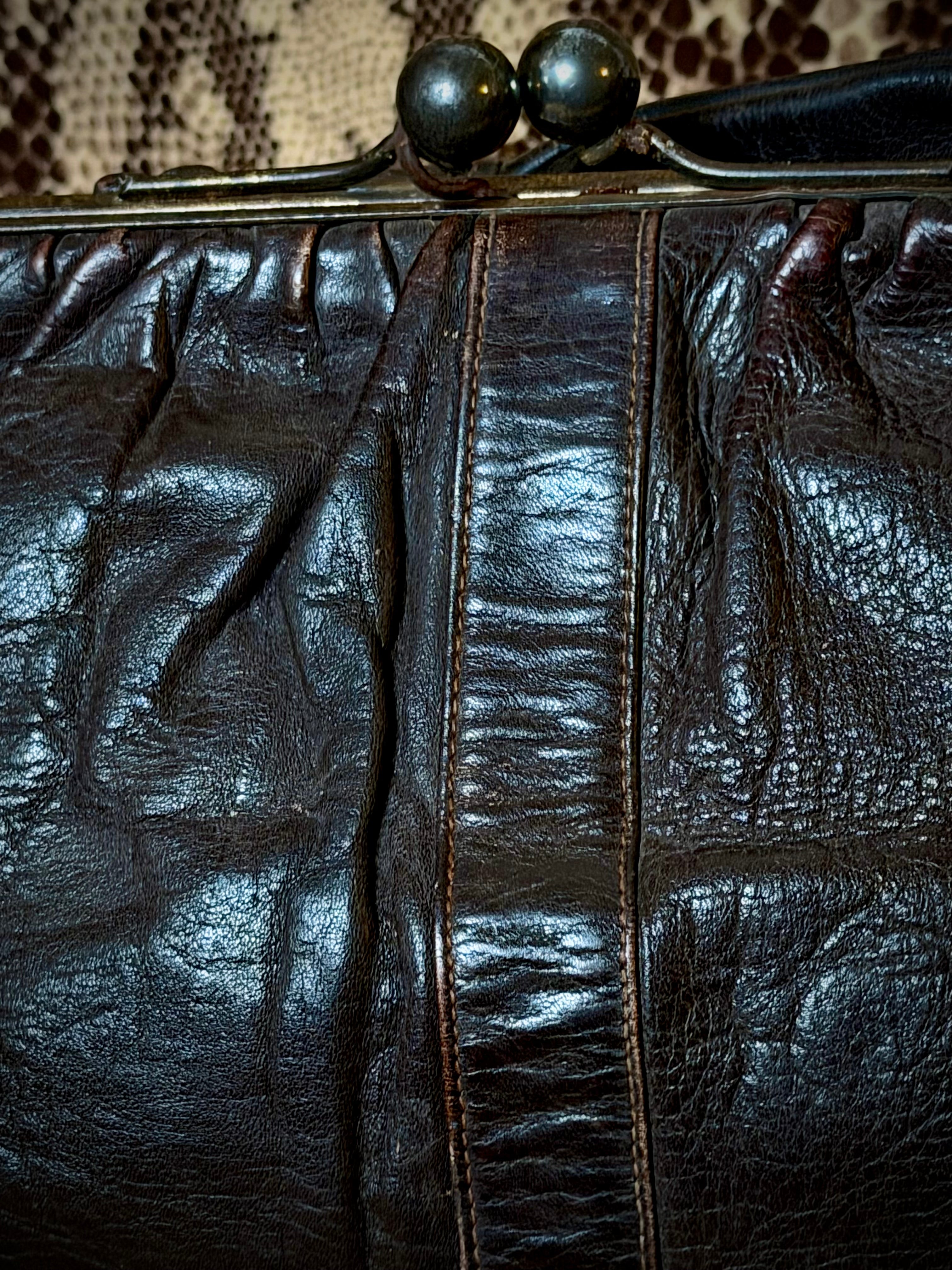 Late 1930s-1940s Leather and Reptile Skin Frame Handbag