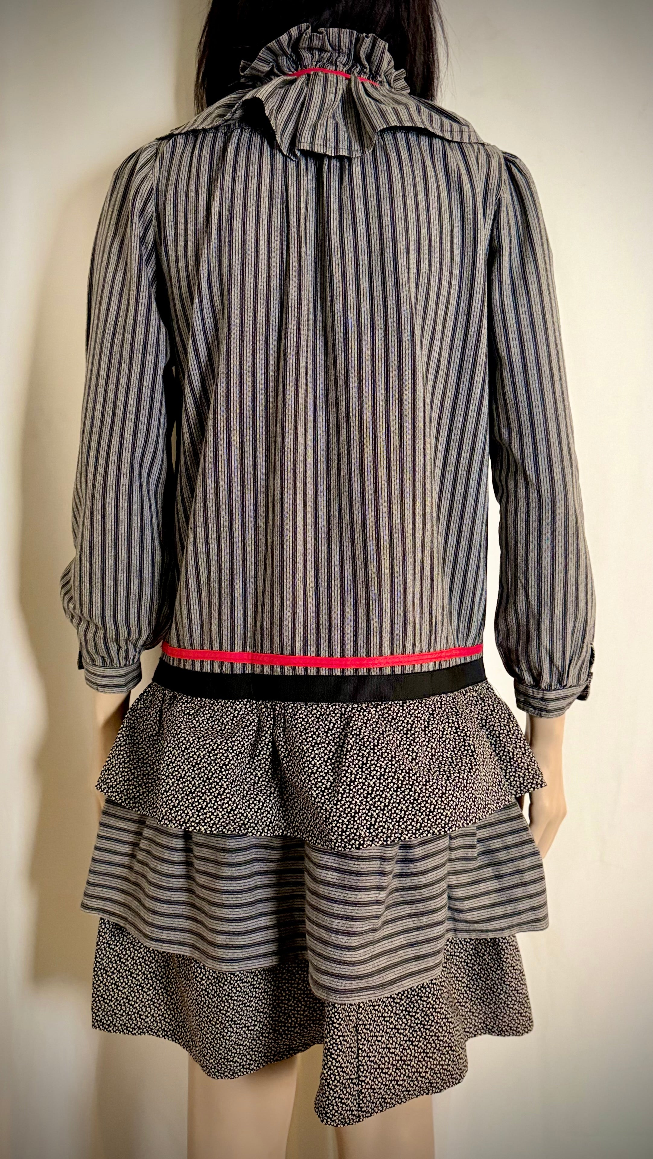 1970s-1980s Prairie Ruffle Dress with Pierrot Collar