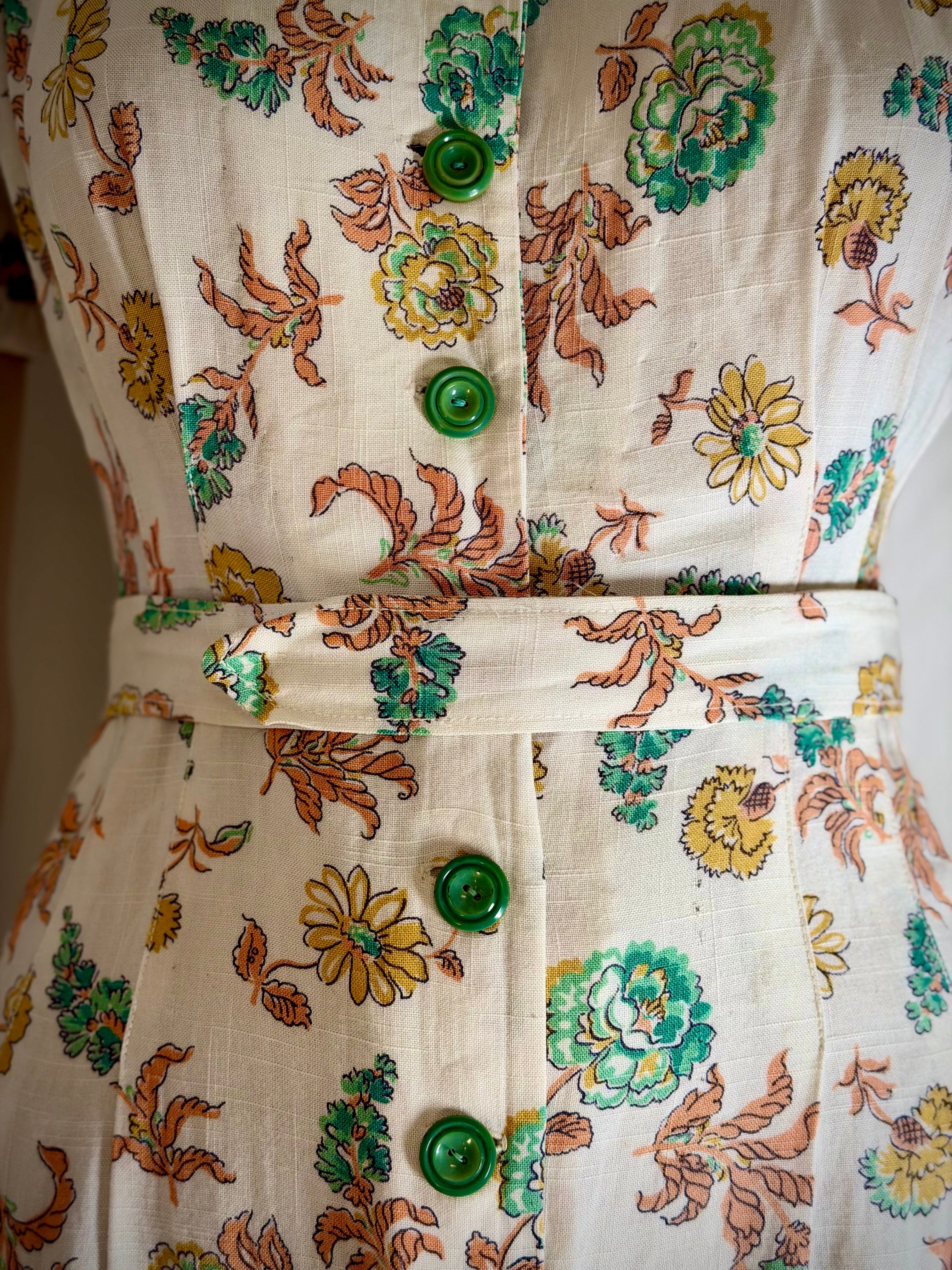 Late 1930s- Early 1940s Hand-Sewn Floral Day Dress with Original Green Buttons