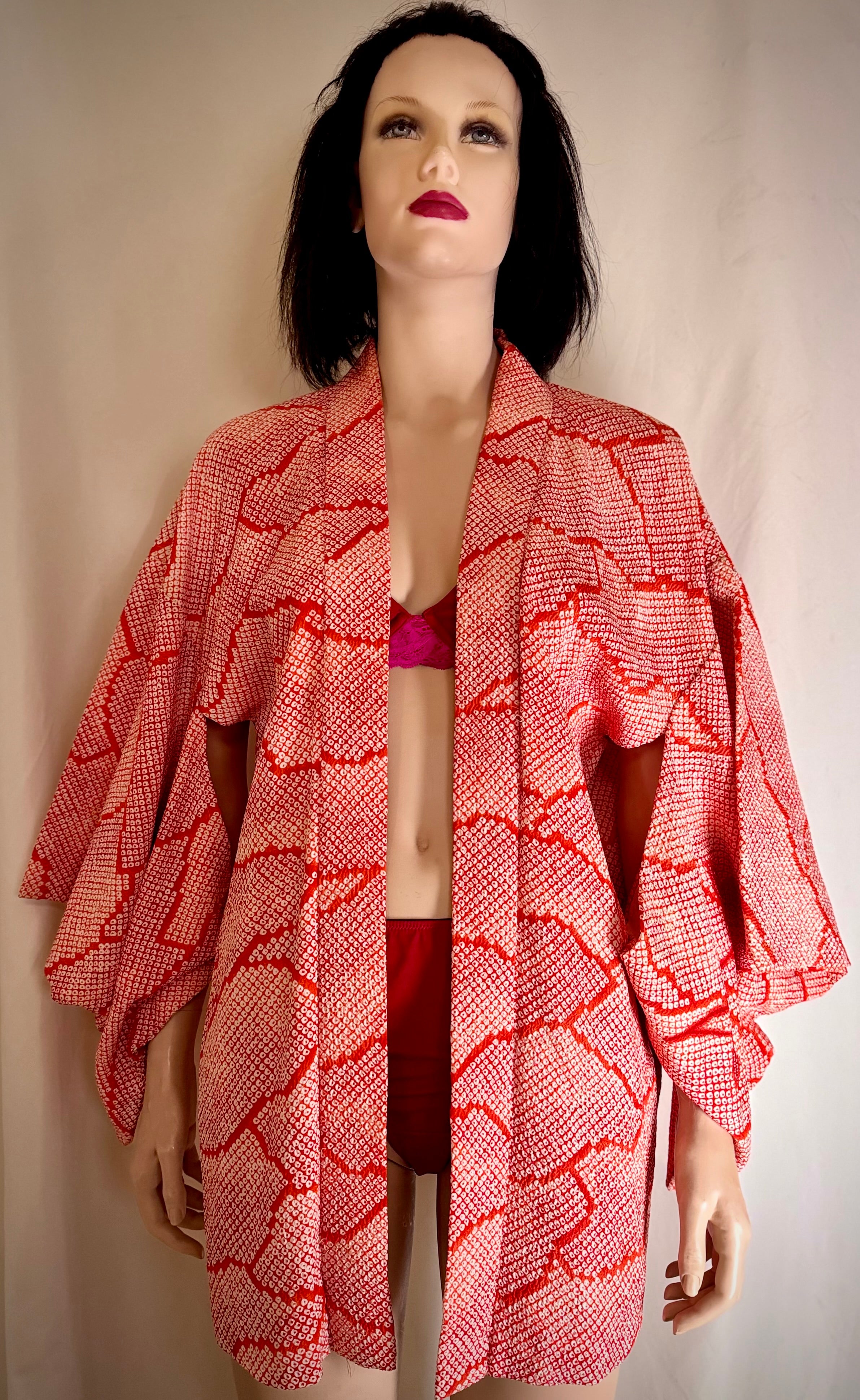 Vintage Japanese Hand-Shibori Silk Kimono Jacket - Red with Embroidered Florals