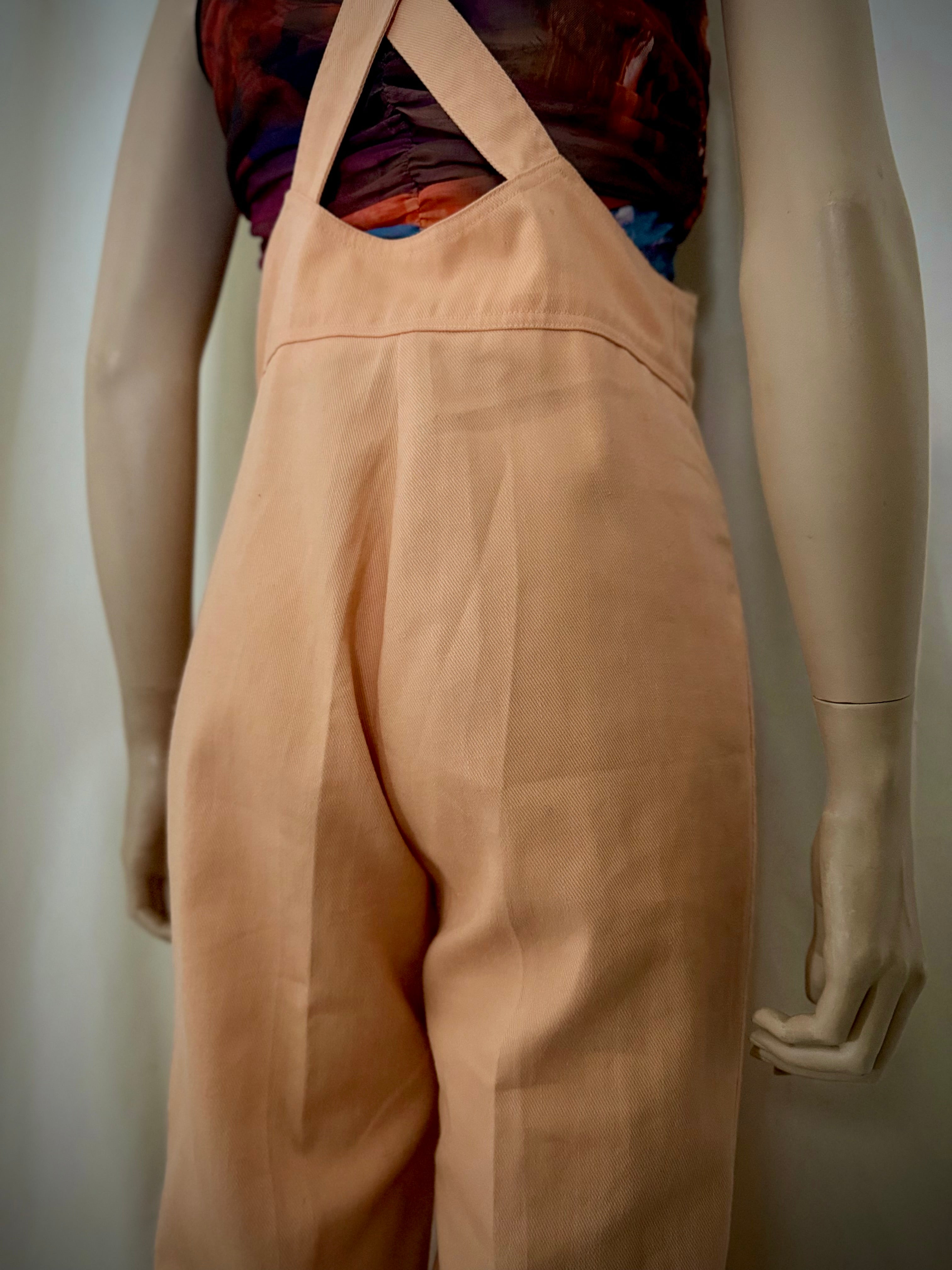 1970s Frederick’s of Hollywood Peach Cotton Flared Jumpsuit Overalls