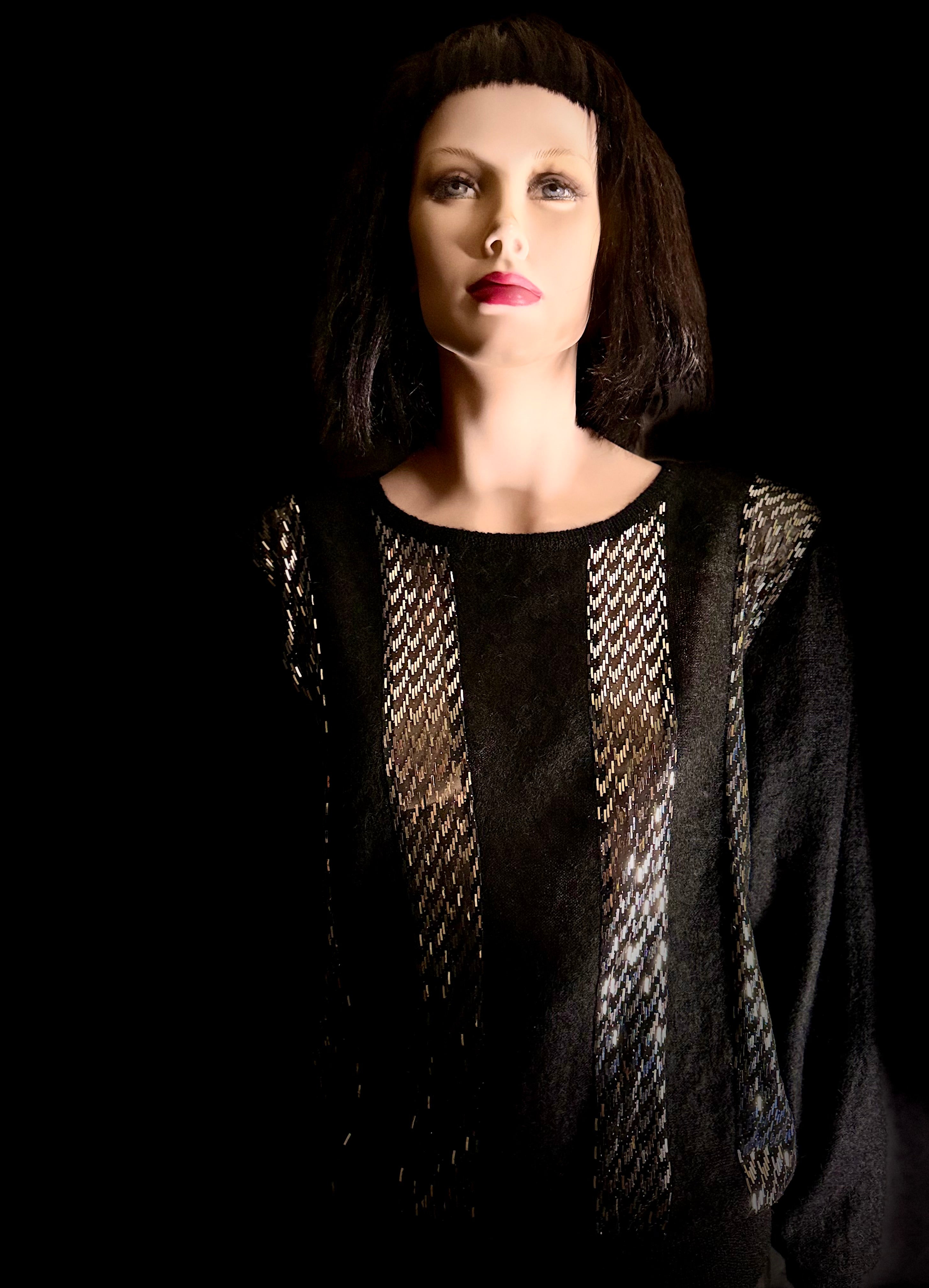 1980s Kid Mohair Beaded Knit Top / Black Mohair Sweater / Diamante Button Back
