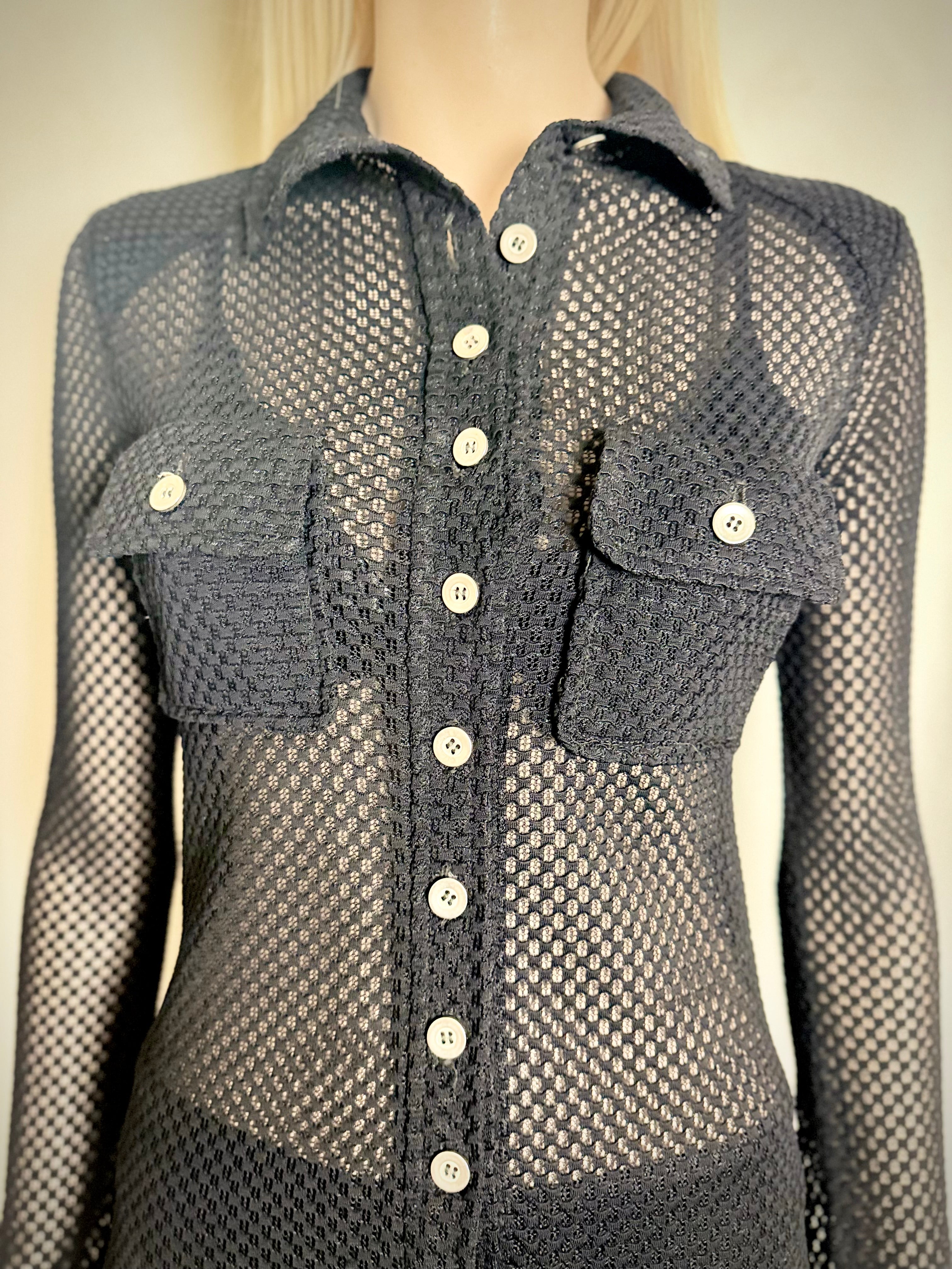 1970s Black Lace Mesh Jumpsuit With Military Details