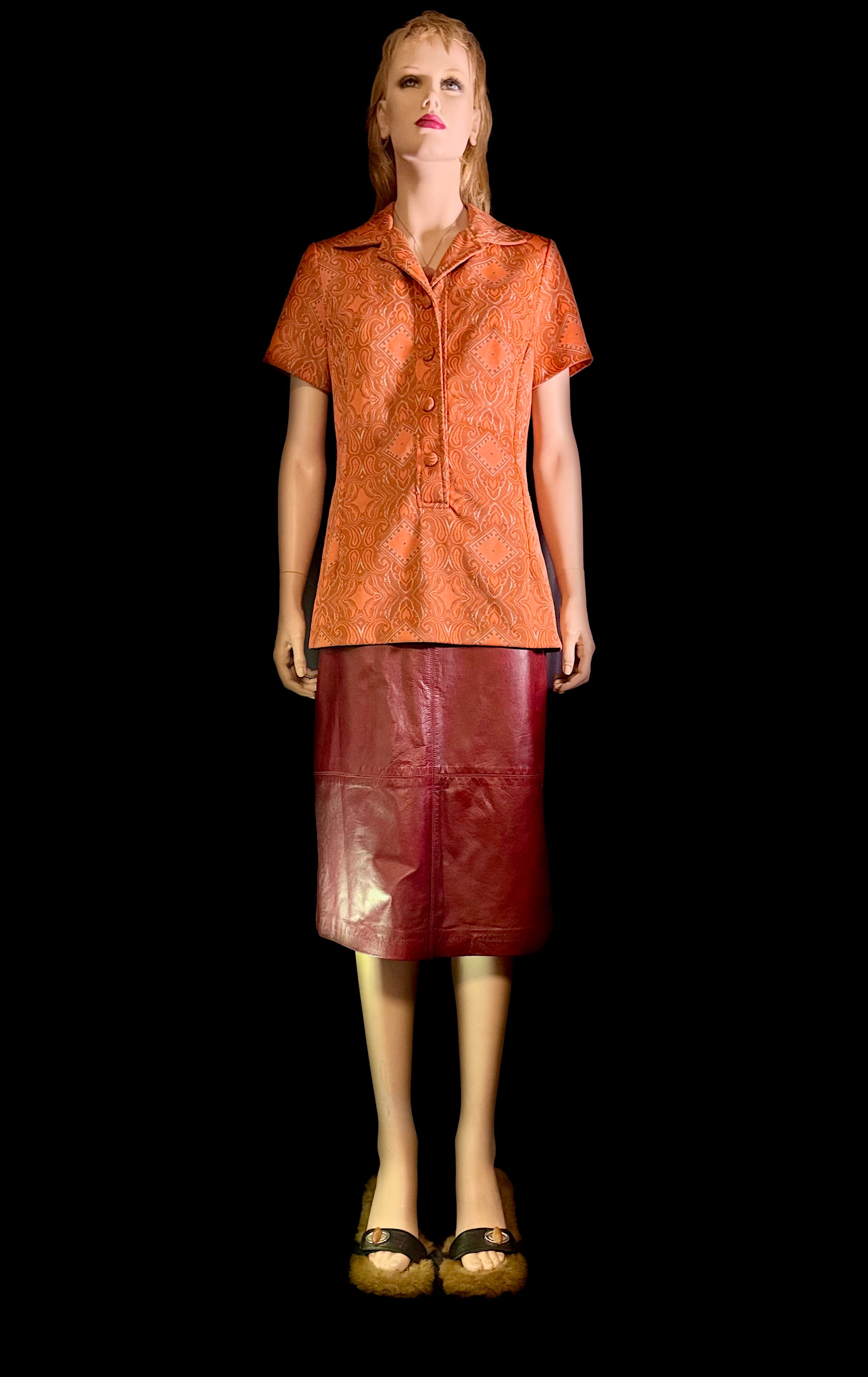 Vintage 1960s Copper Jacquard Short-Sleeve Top / Mini Tunic - Mint Condition