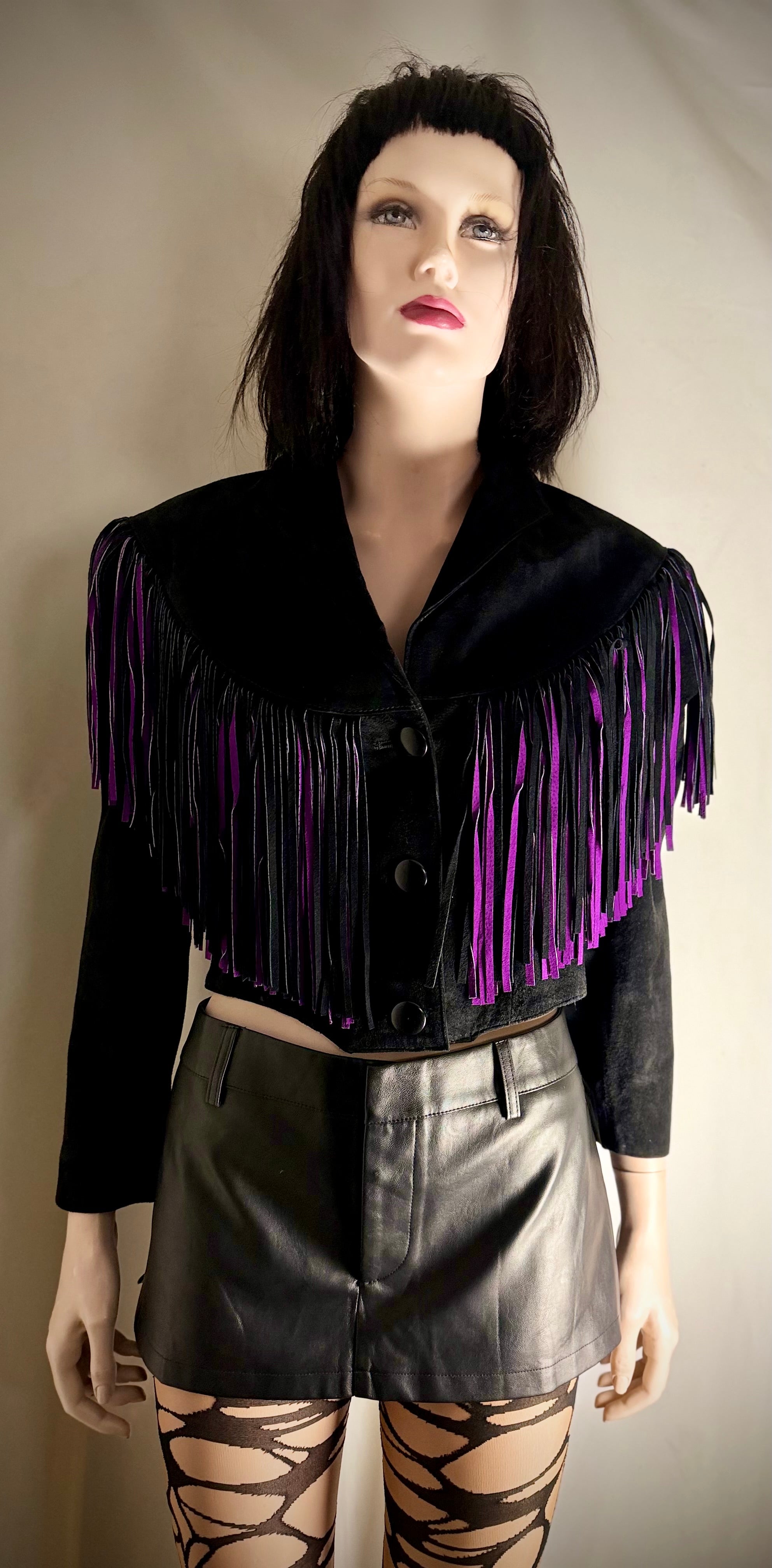 Exceptional 1980s Adler Black and Purple Suede Fringe Jacket