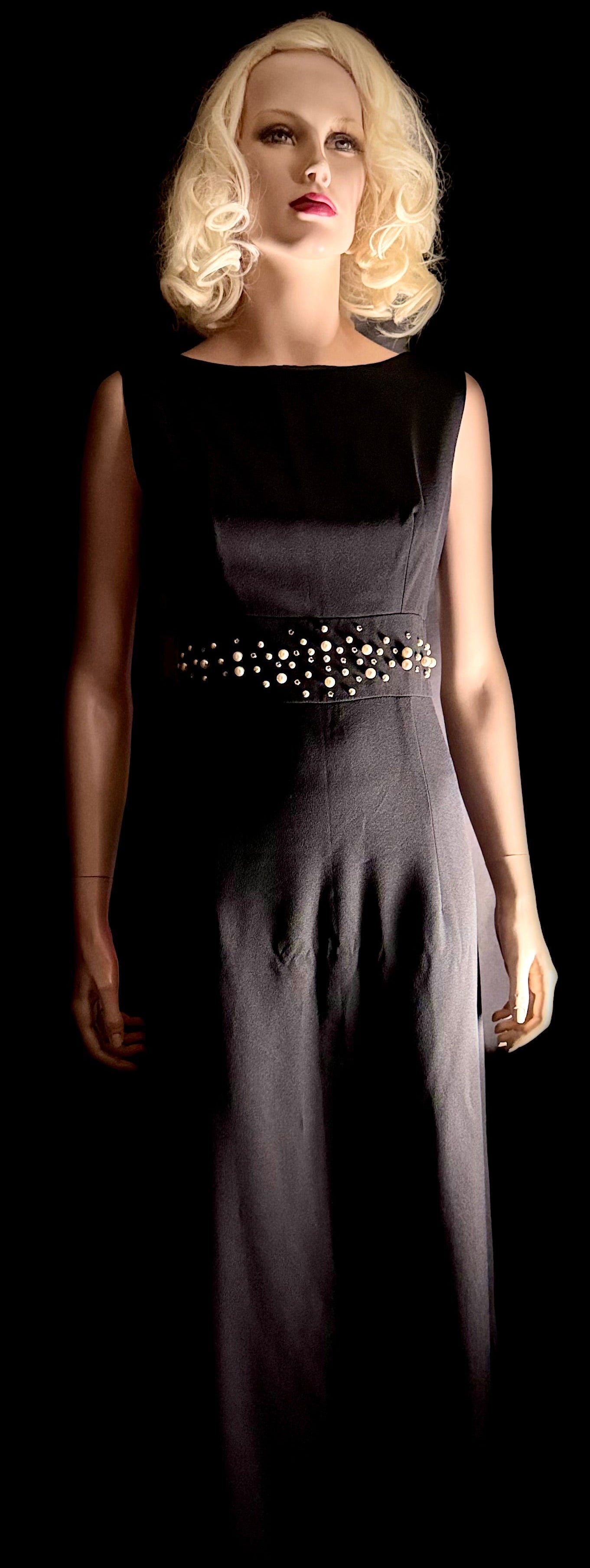 1960s Hershelle Model Mayfair London Black Evening Gown, Pearl & Diamante Detail