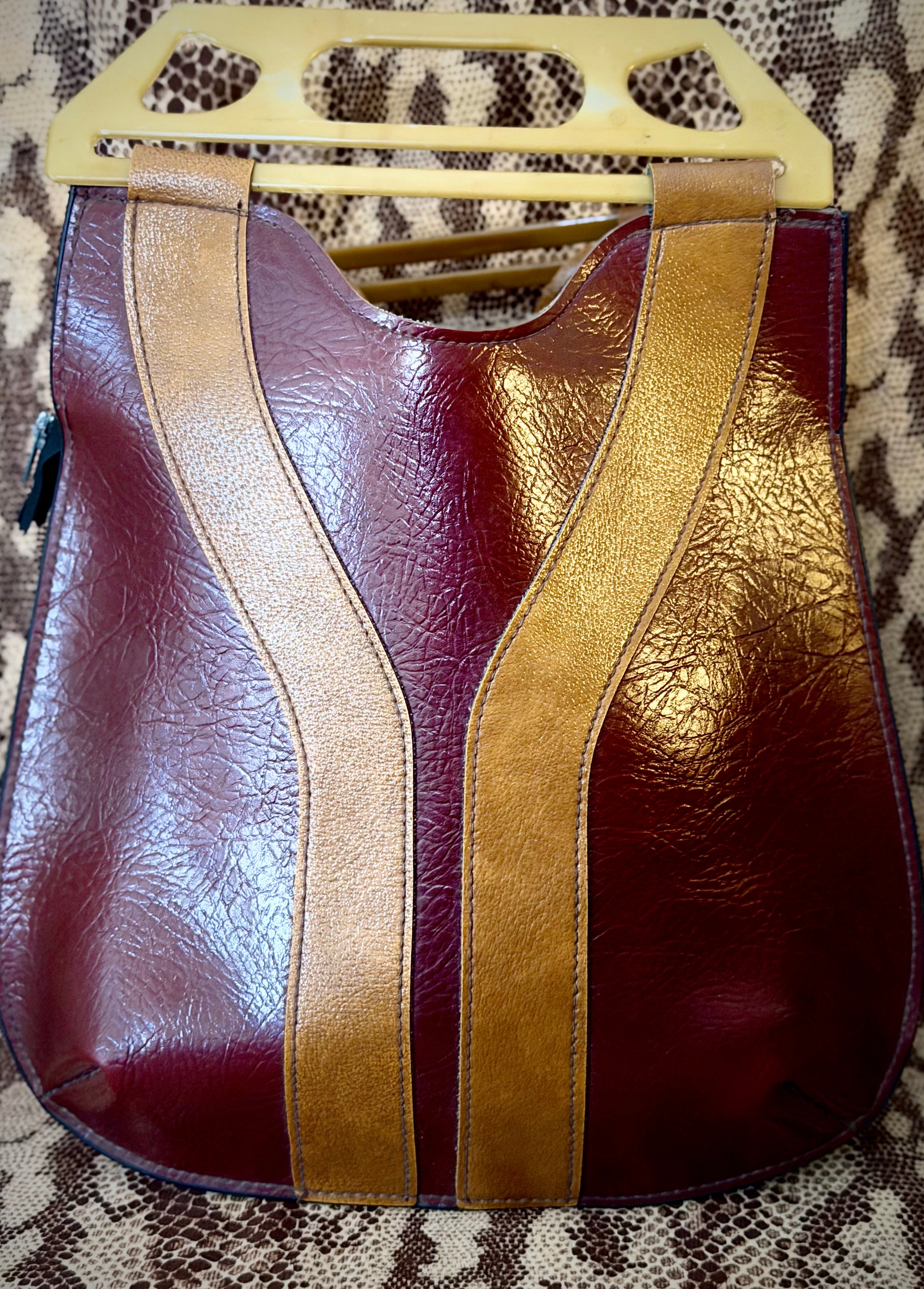 1960s-1970s Large Italian Leather Bag with Sculptural Handles- Deadstock