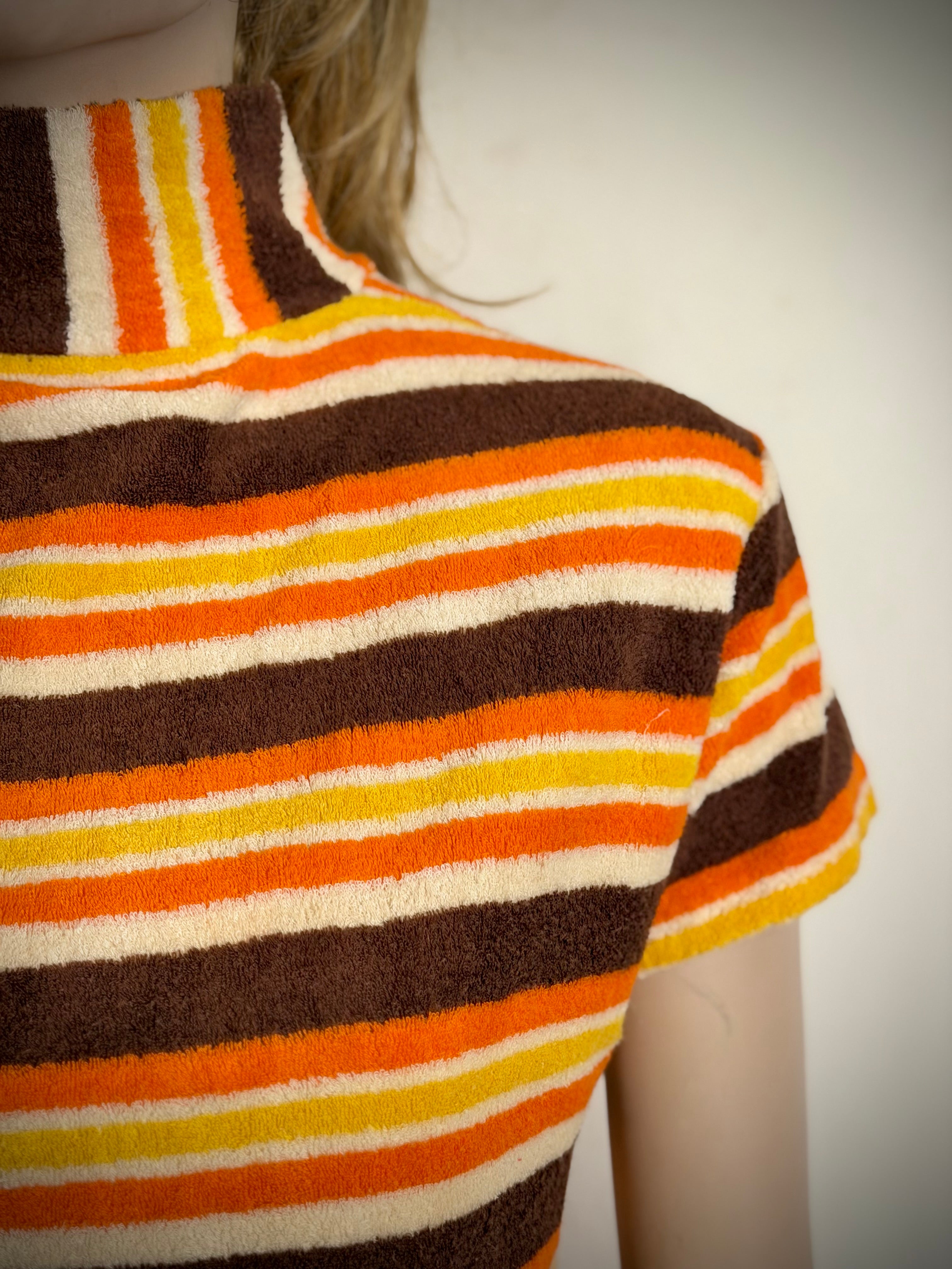 Vintage 1960s Towelling Mini Dress | High Neck | Graphic Stripe | Unworn